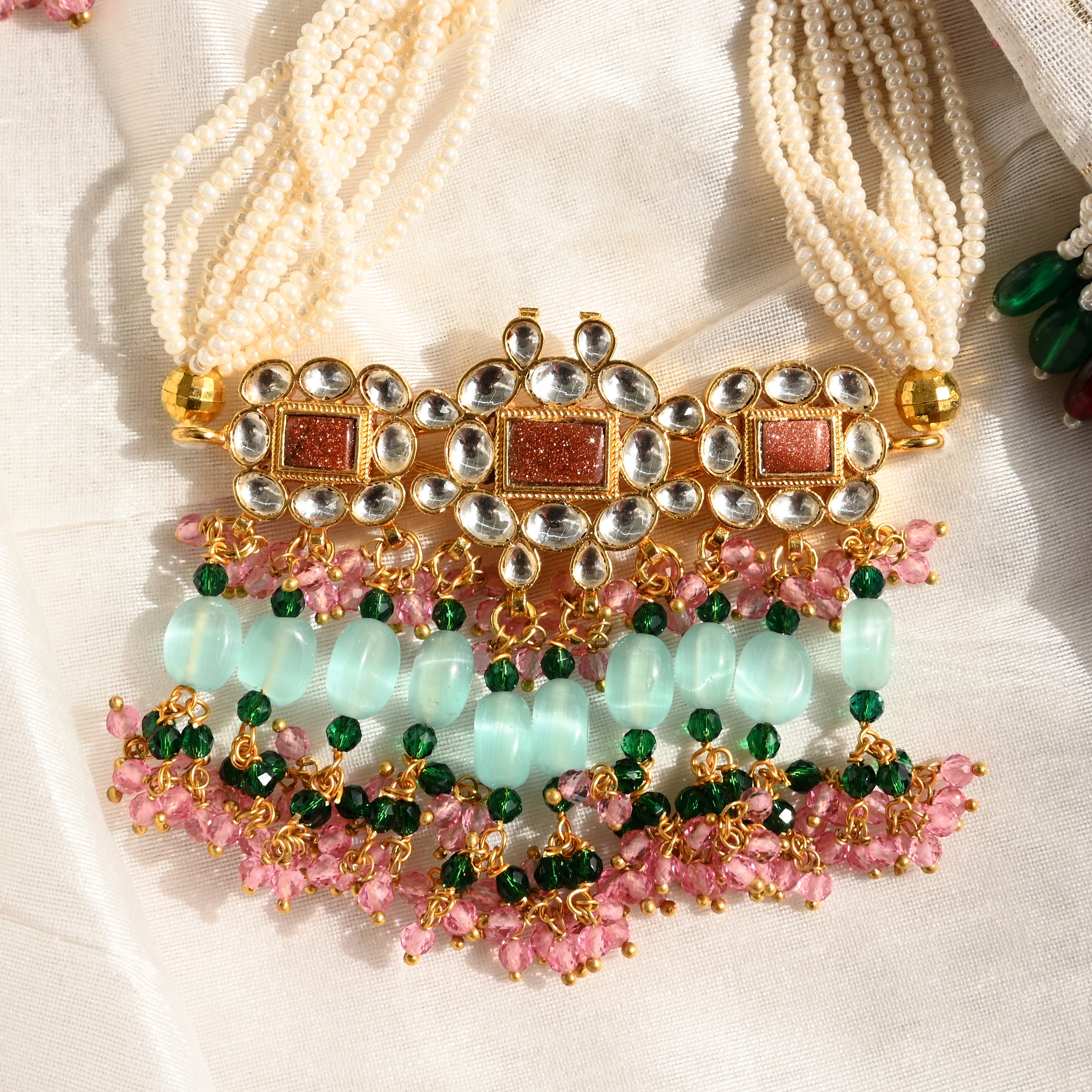 SJN1050- Brown and White Colour Gold Plated Jadau Kundan Choker with Earrings