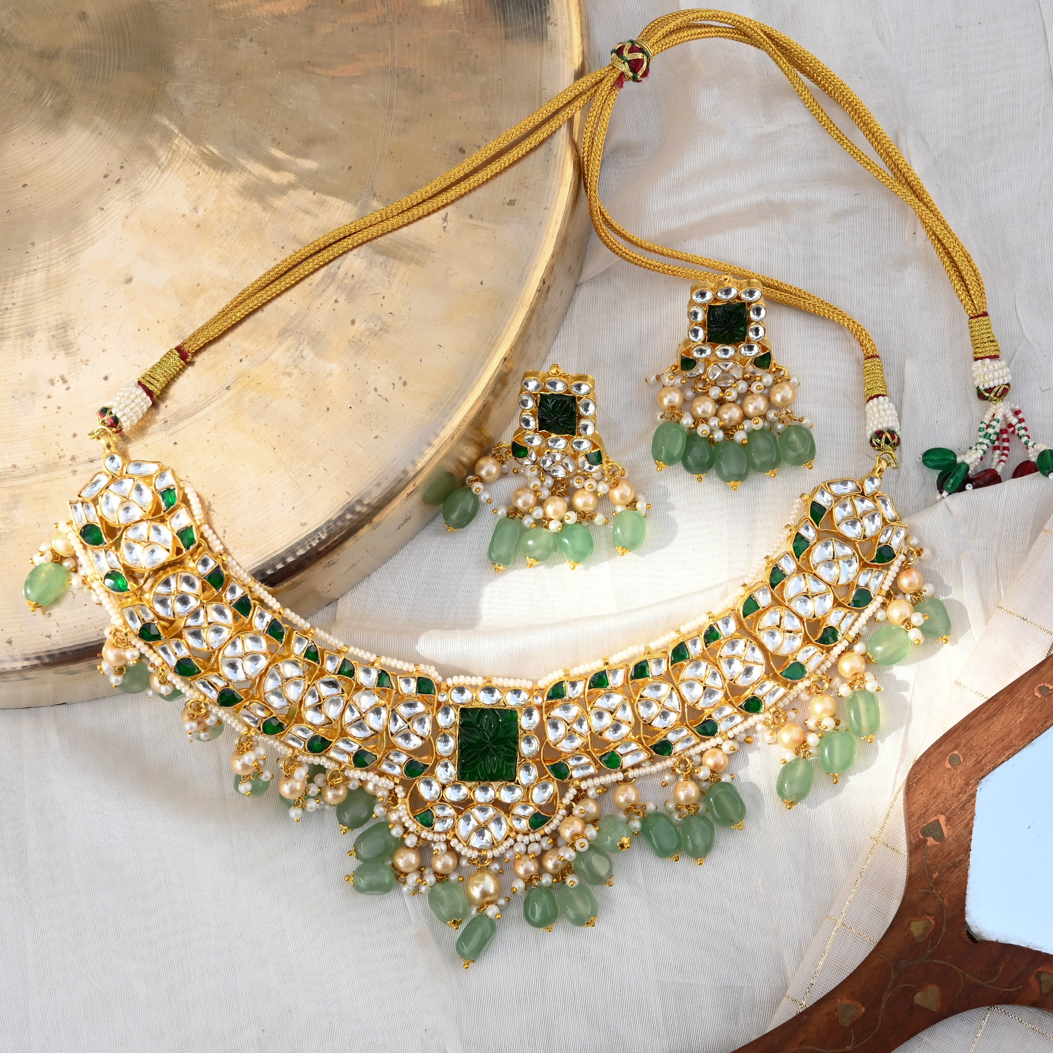 SJN1052- White and Green Colour Gold Plated Jadau Kundan Necklace with Earrings