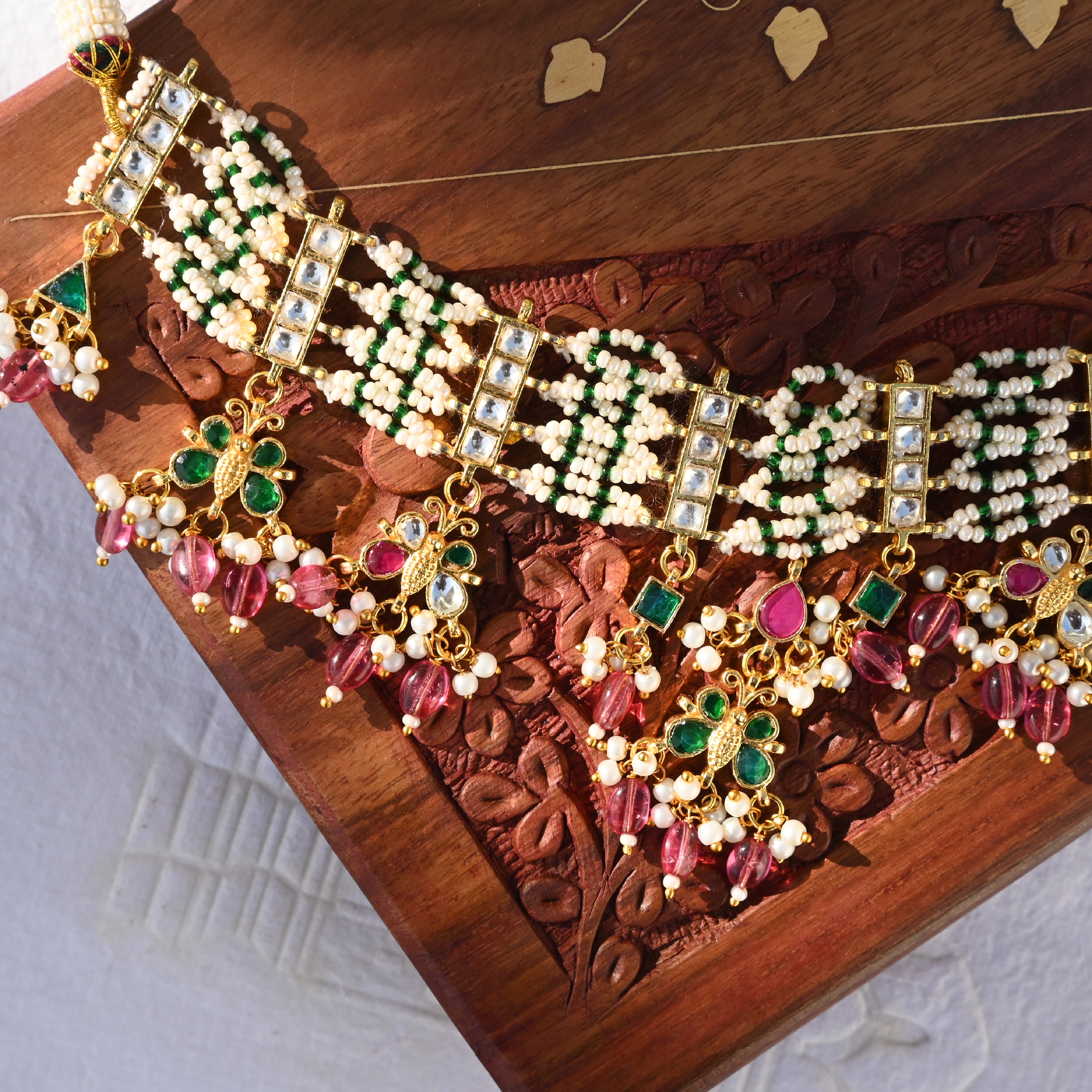 SJN1054- Multi Colour Gold Plated Jadau Kundan Choker with Earrings