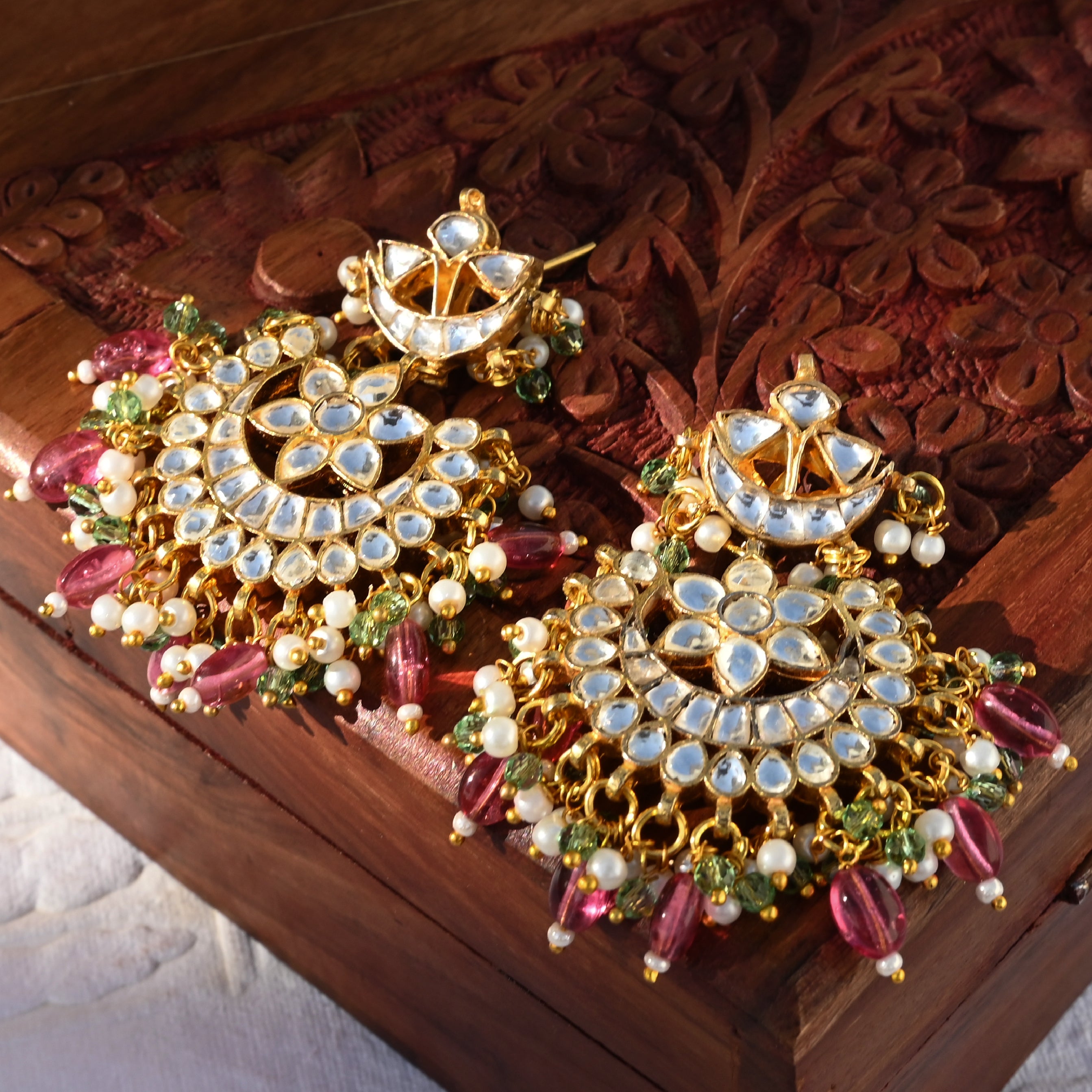 SJE1047- White Colour Gold Plated Jadau Kundan Chandbali Earrings
