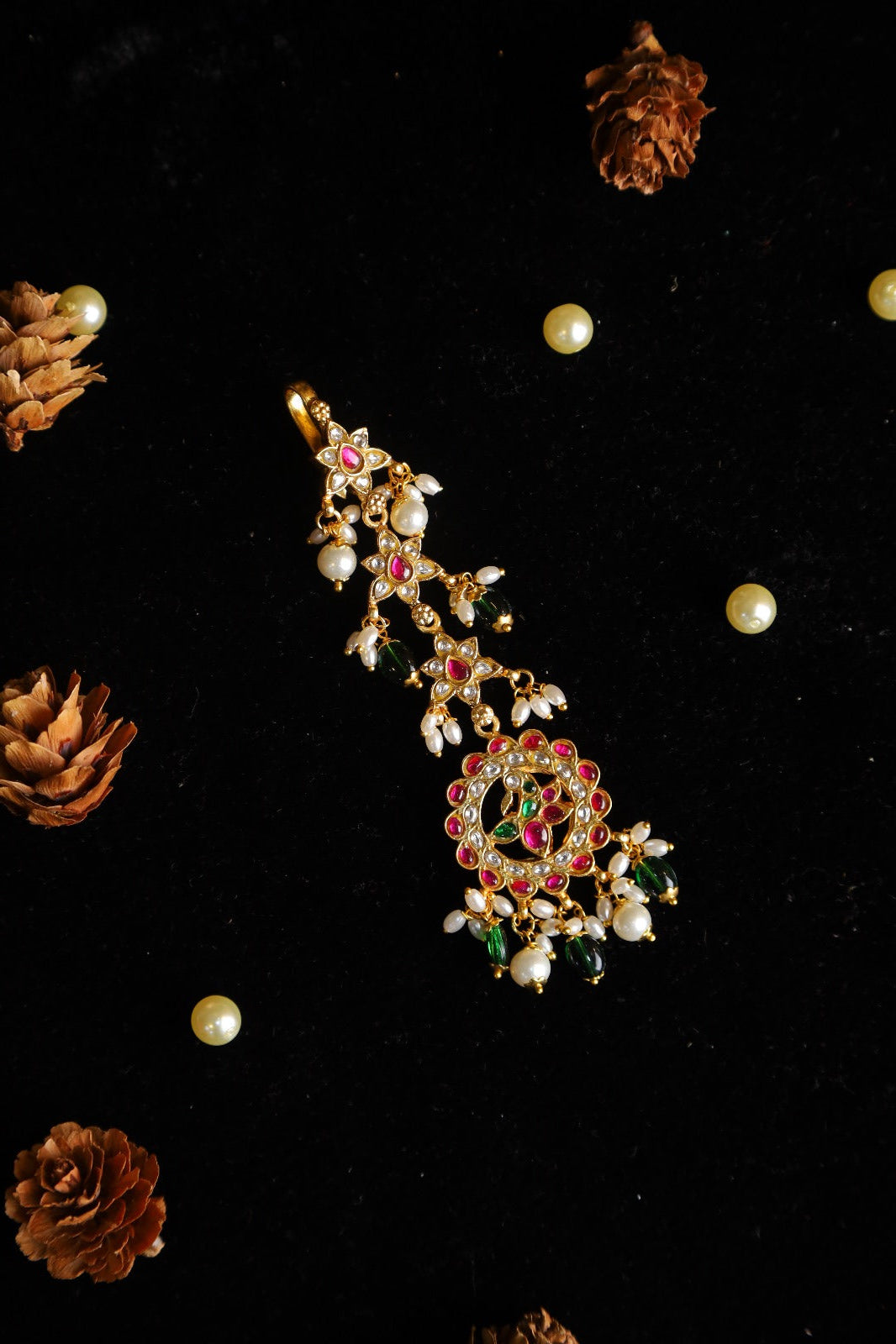 SJT1047- Multi Colour Gold Plated Jadau Kundan Temple Maang Tika