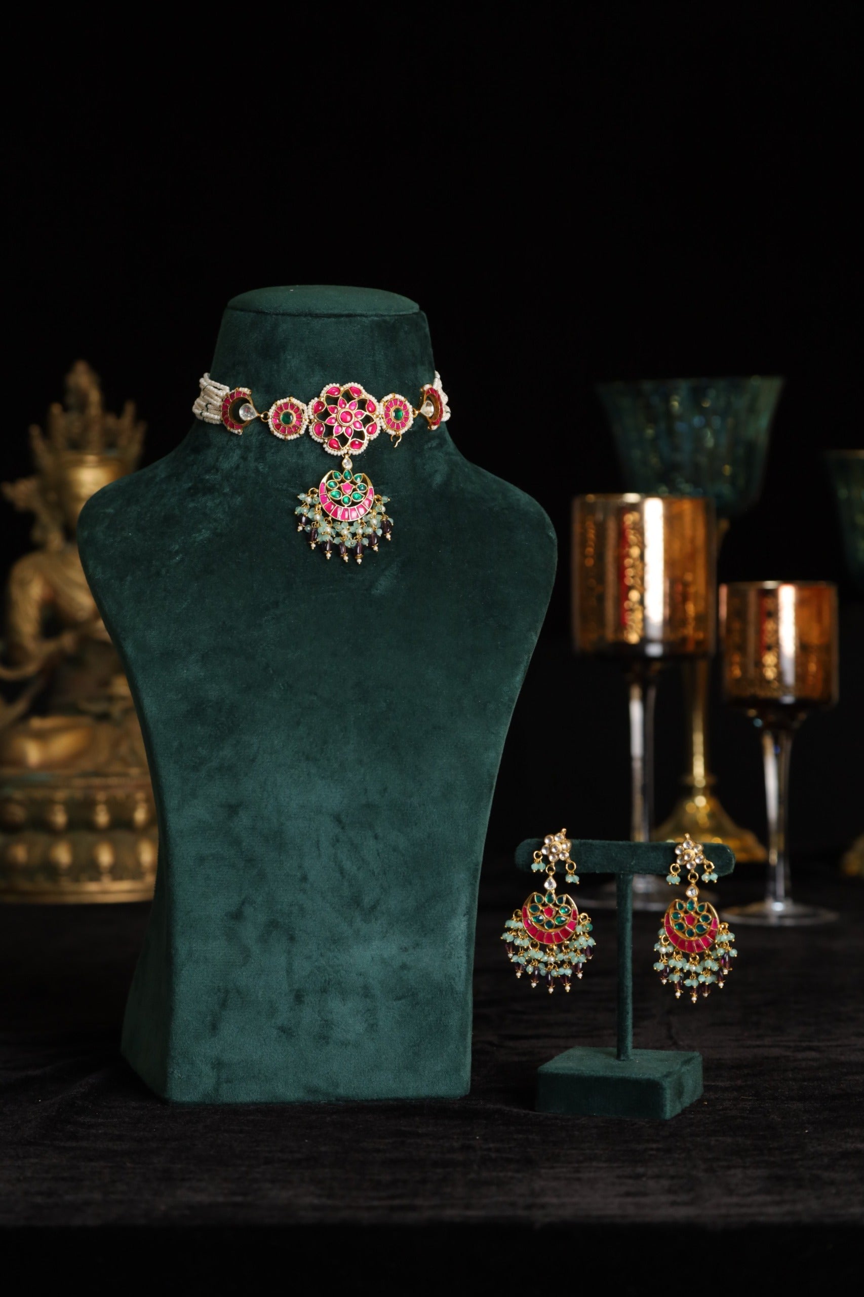 SJN1195- Multi Colour Gold Plated Jadau Kundan Choker with Earrings