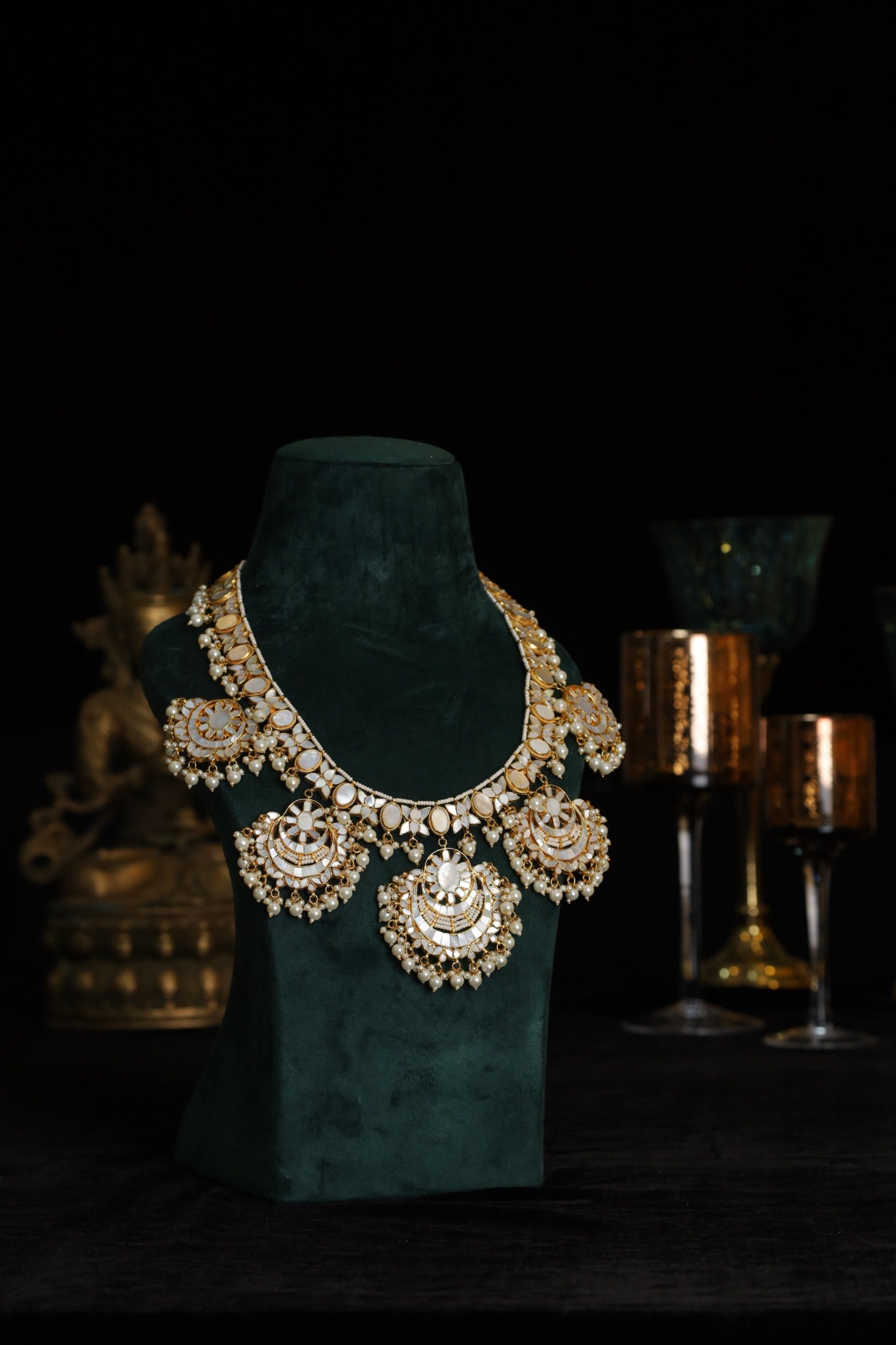 SJN1182- White Colour Gold Plated Mother of Pearl Long Necklace with Earrings