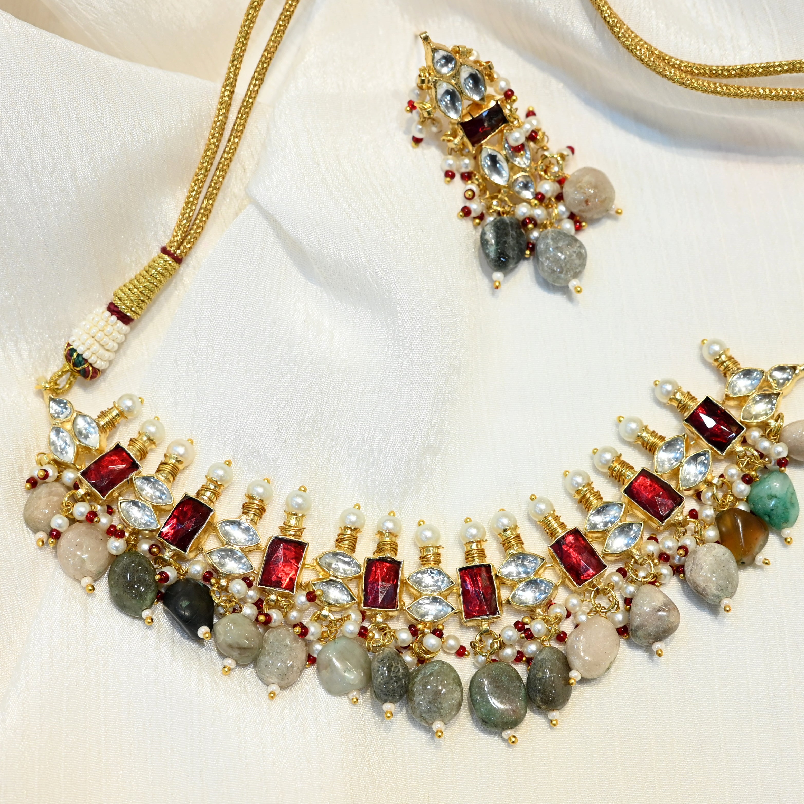 SJN1059- Ruby and White Colour Gold Plated Jadau Kundan Choker With Earrings