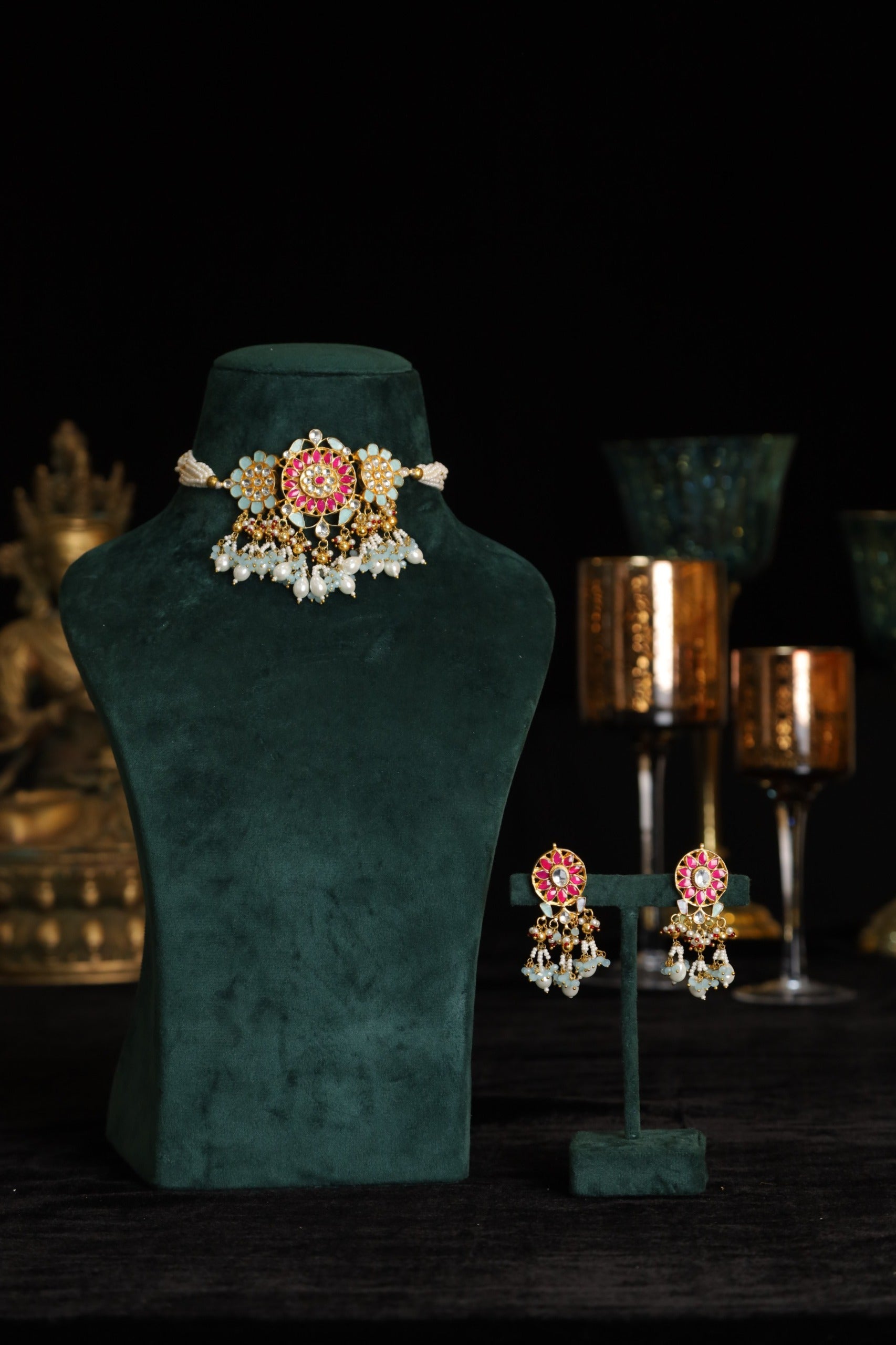 SJN1205- Multi Colour Gold Plated Jadau Kundan Choker with Earrings