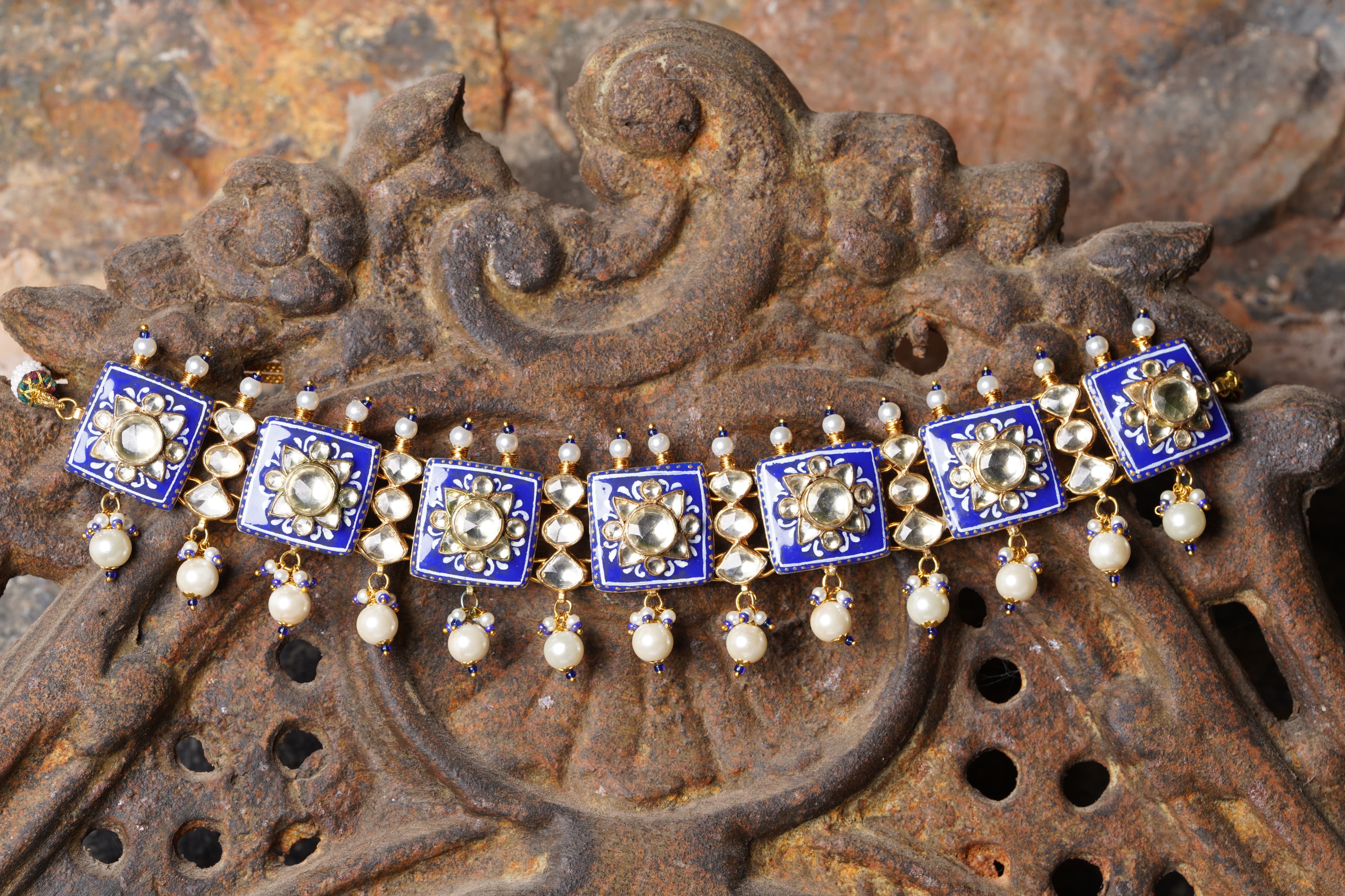 SJN1147- Blue and White Colour Gold Plated Jadau Kundan Choker with Earrings