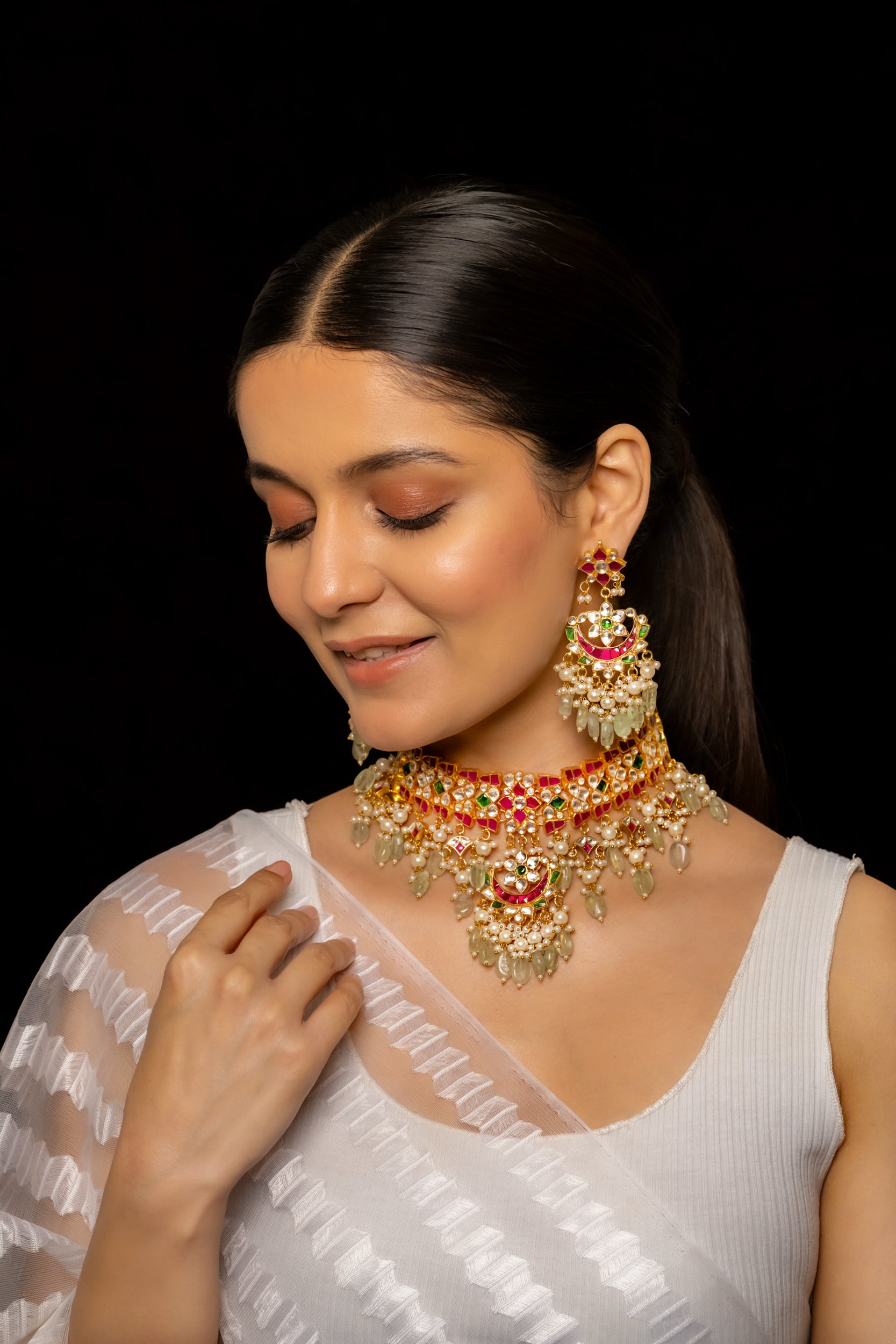 SJC1001- Multi Colour Gold Plated Jadau Kundan Choker with Earrings