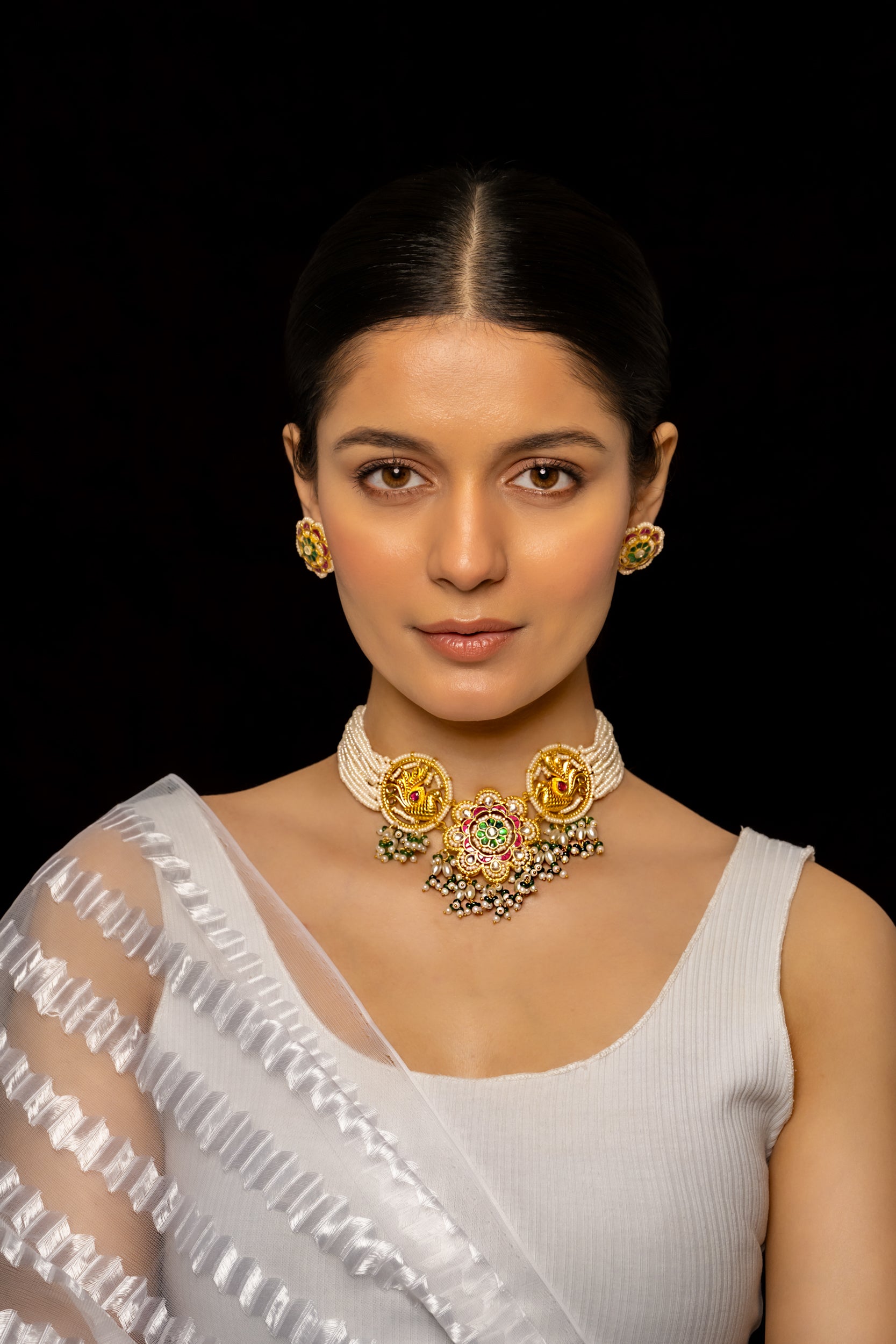 SJC1002- Multi Colour Gold Plated Jadau Kundan Choker with Earrings