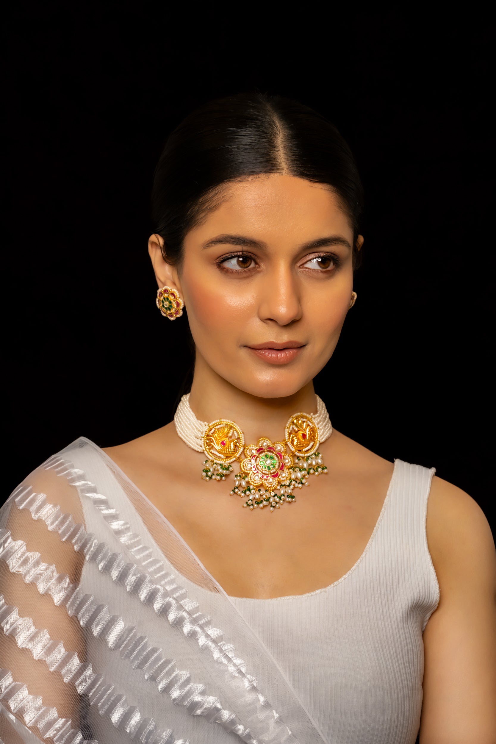 SJC1002- Multi Colour Gold Plated Jadau Kundan Choker with Earrings