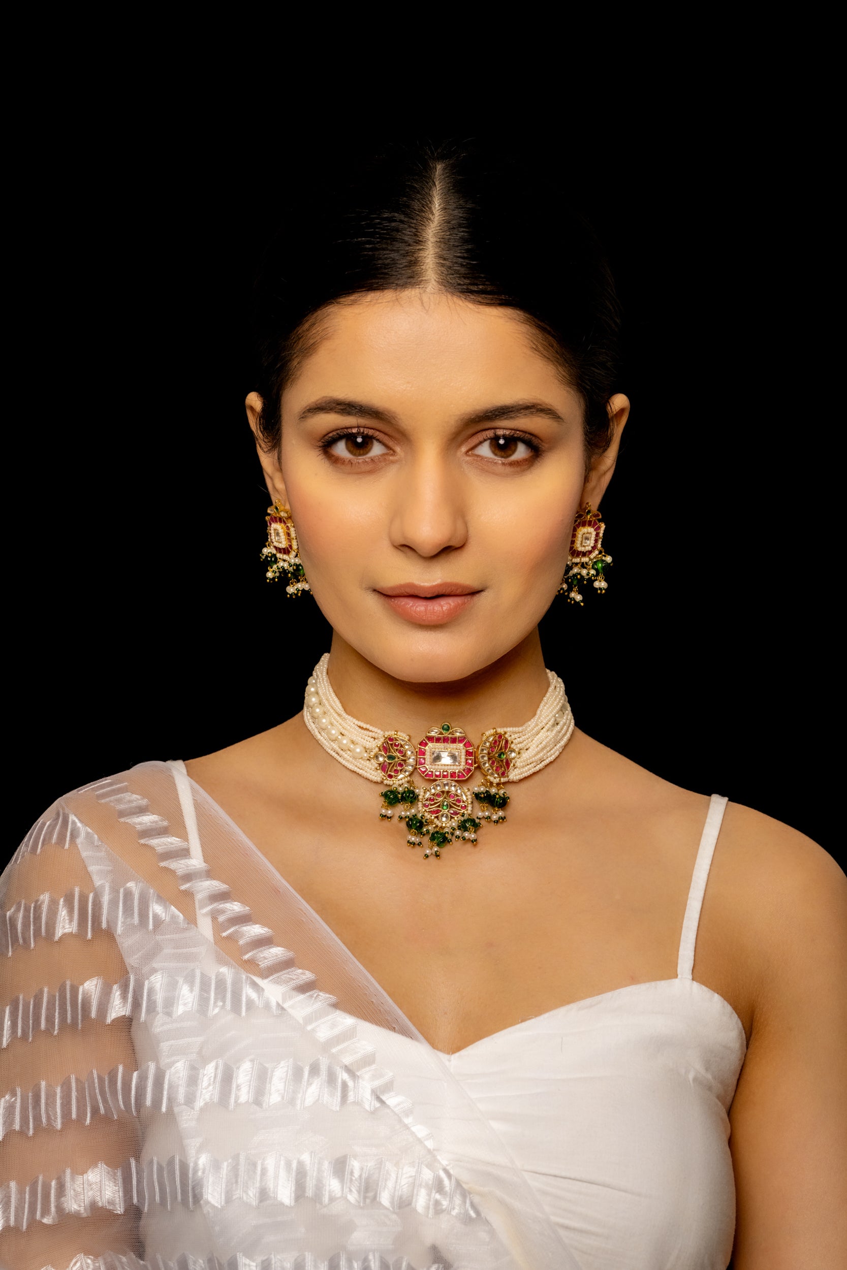 SJC1003- Multi Colour Gold Plated Jadau Kundan Choker with Earrings