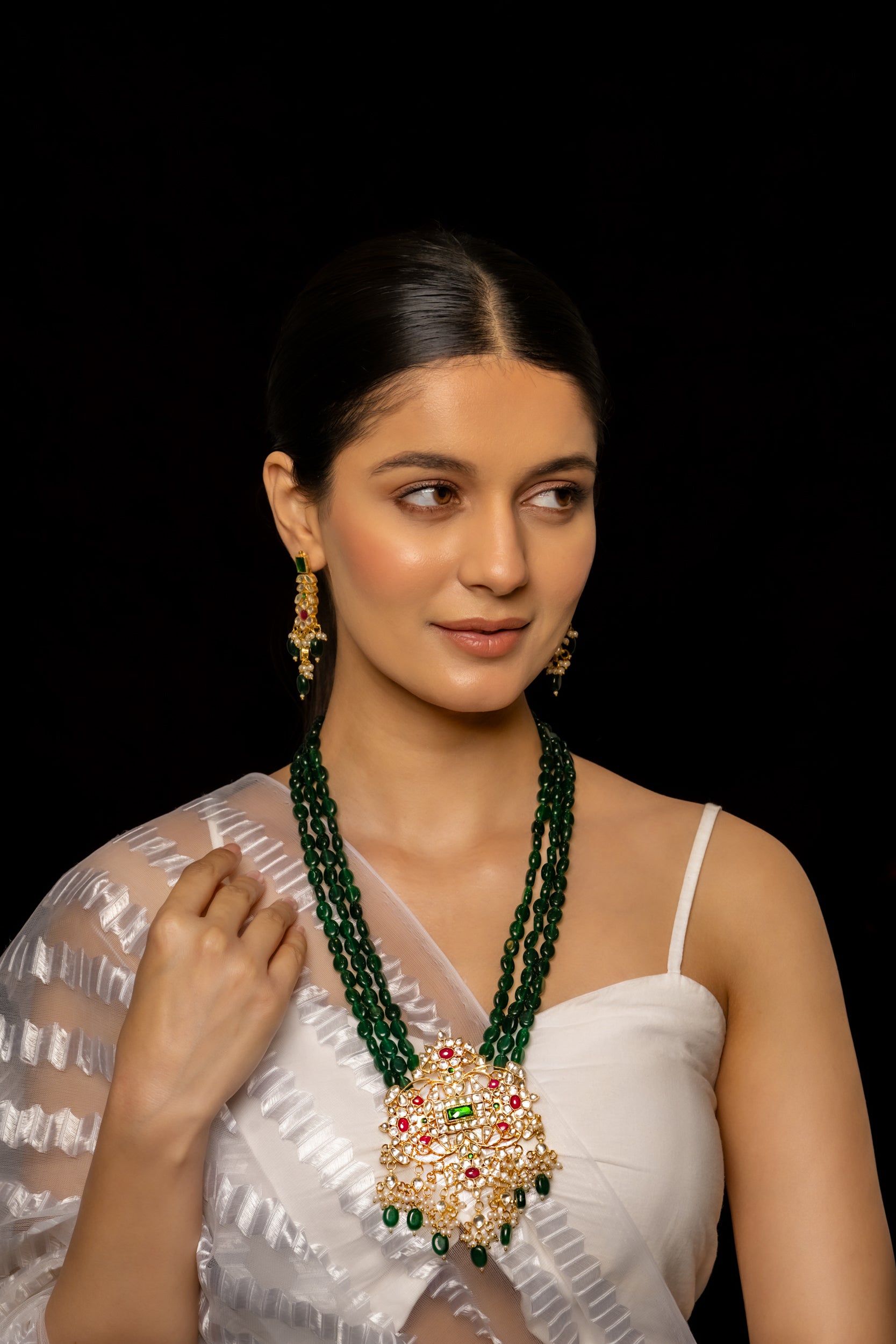 SJP1001- Multi Colour Gold Plated Jadau Kundan Pendant with Earrings