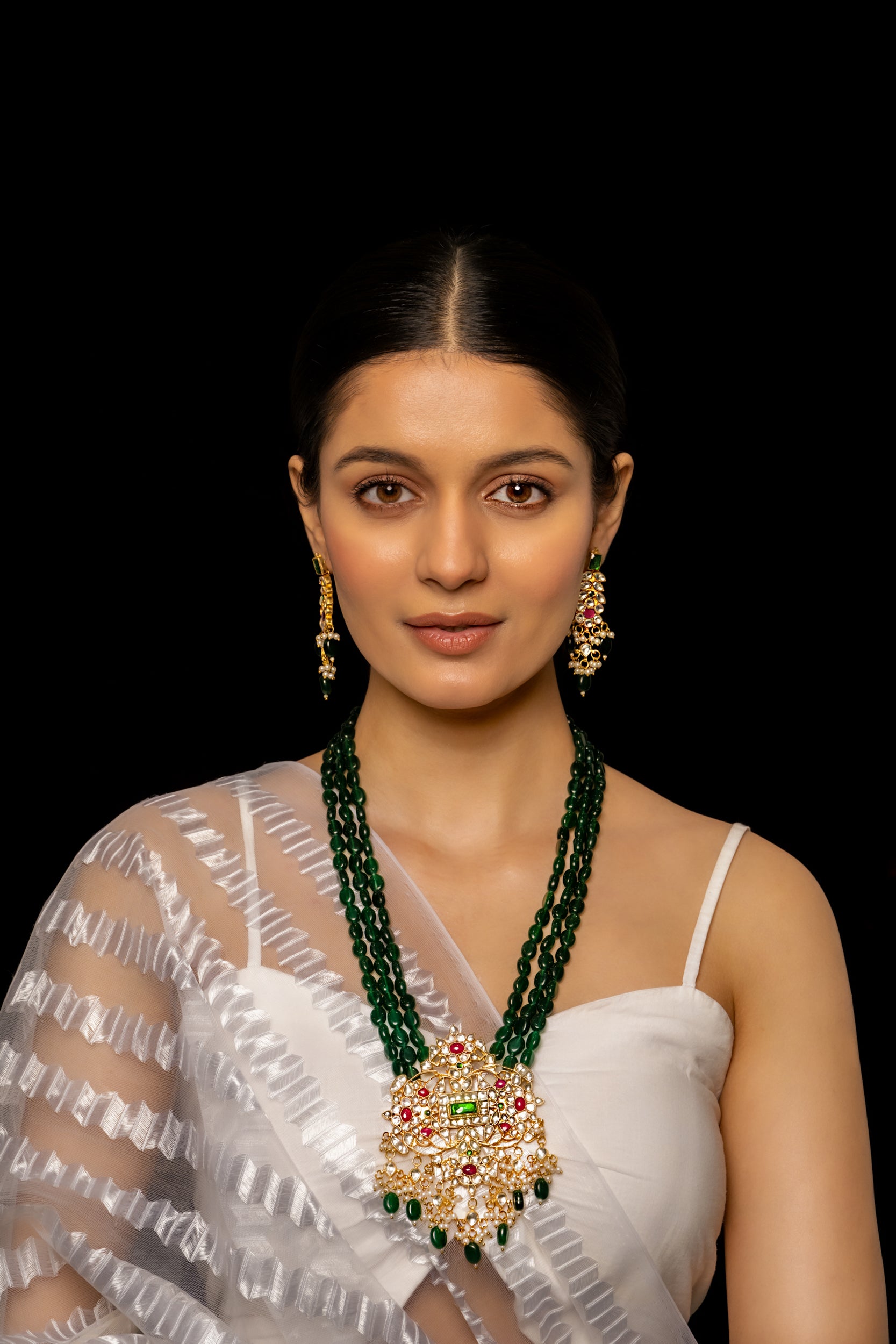 SJP1001- Multi Colour Gold Plated Jadau Kundan Pendant with Earrings