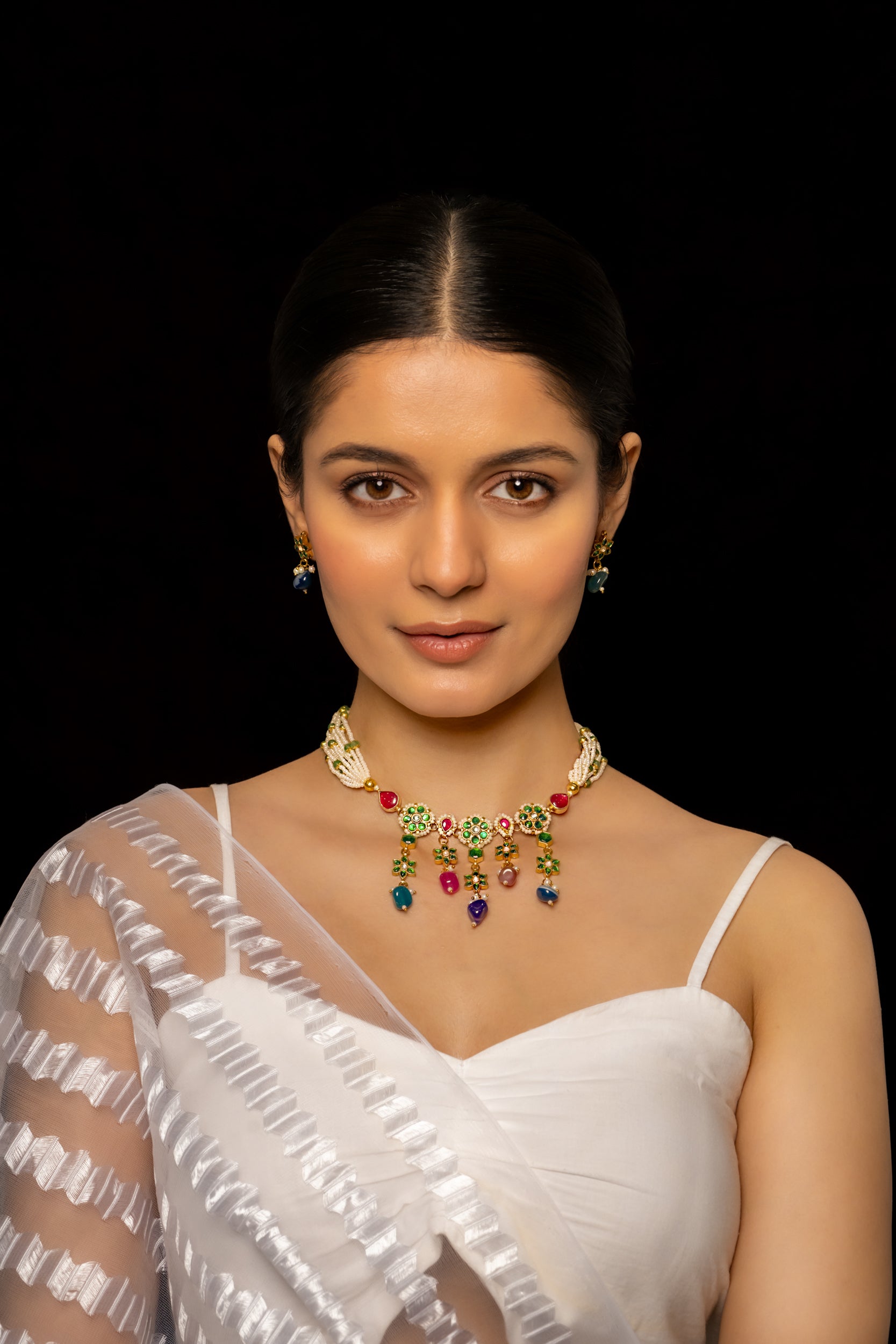 SJC1004- Multi Colour Gold Plated Jadau Kundan Choker with Earrings