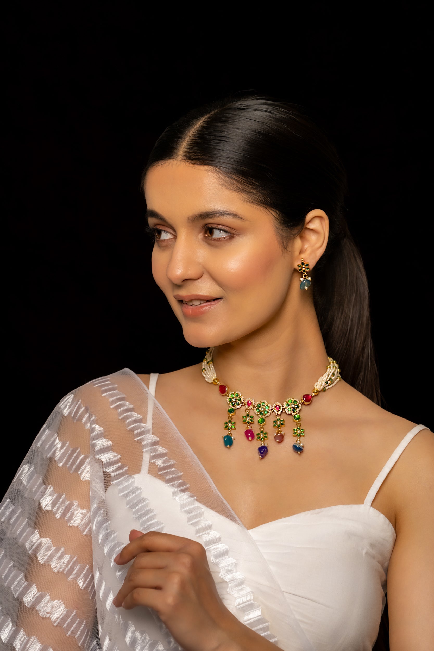 SJC1004- Multi Colour Gold Plated Jadau Kundan Choker with Earrings