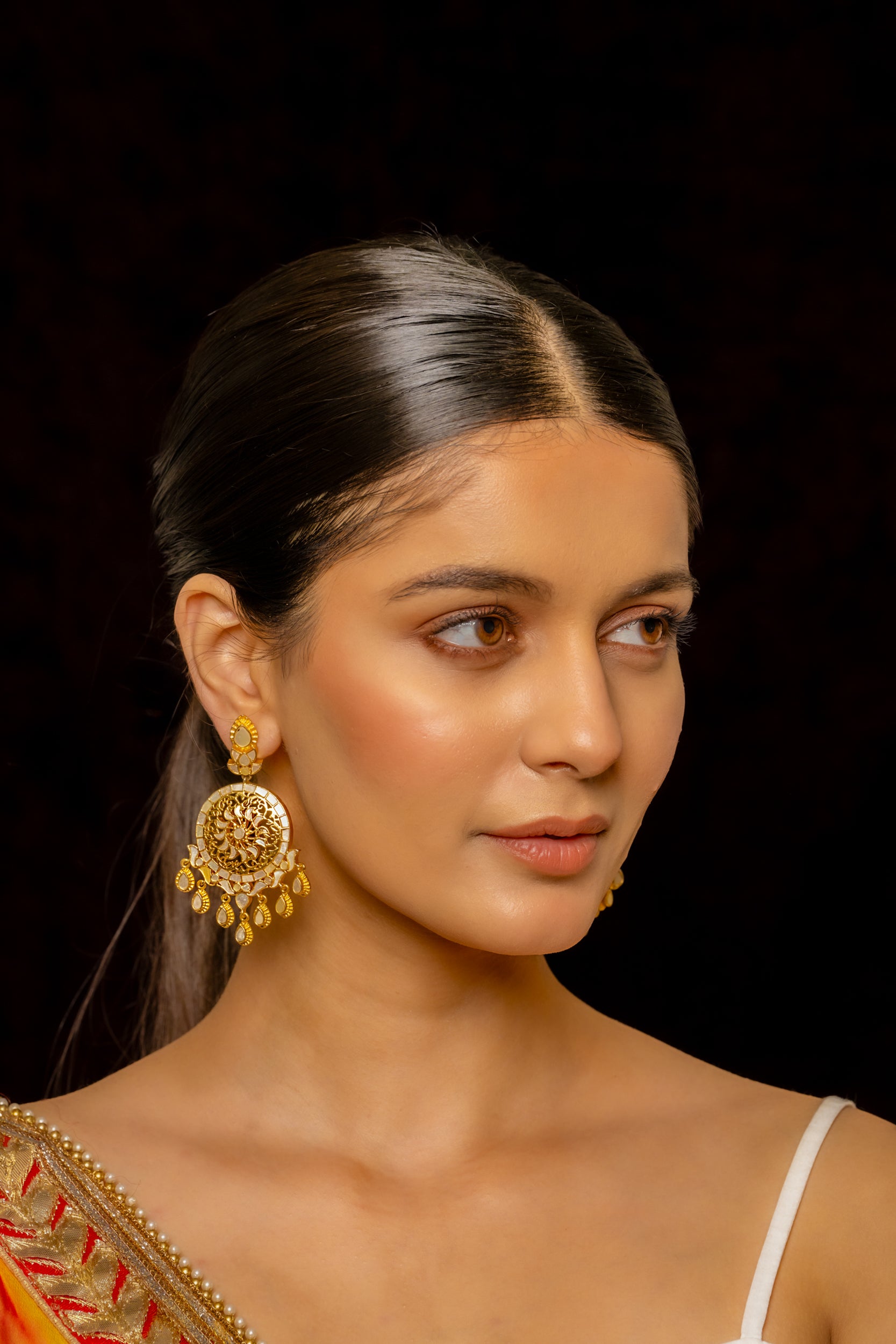 SJE1007- White Colour Gold Plated Mother of Pearl Chandbali Earrings