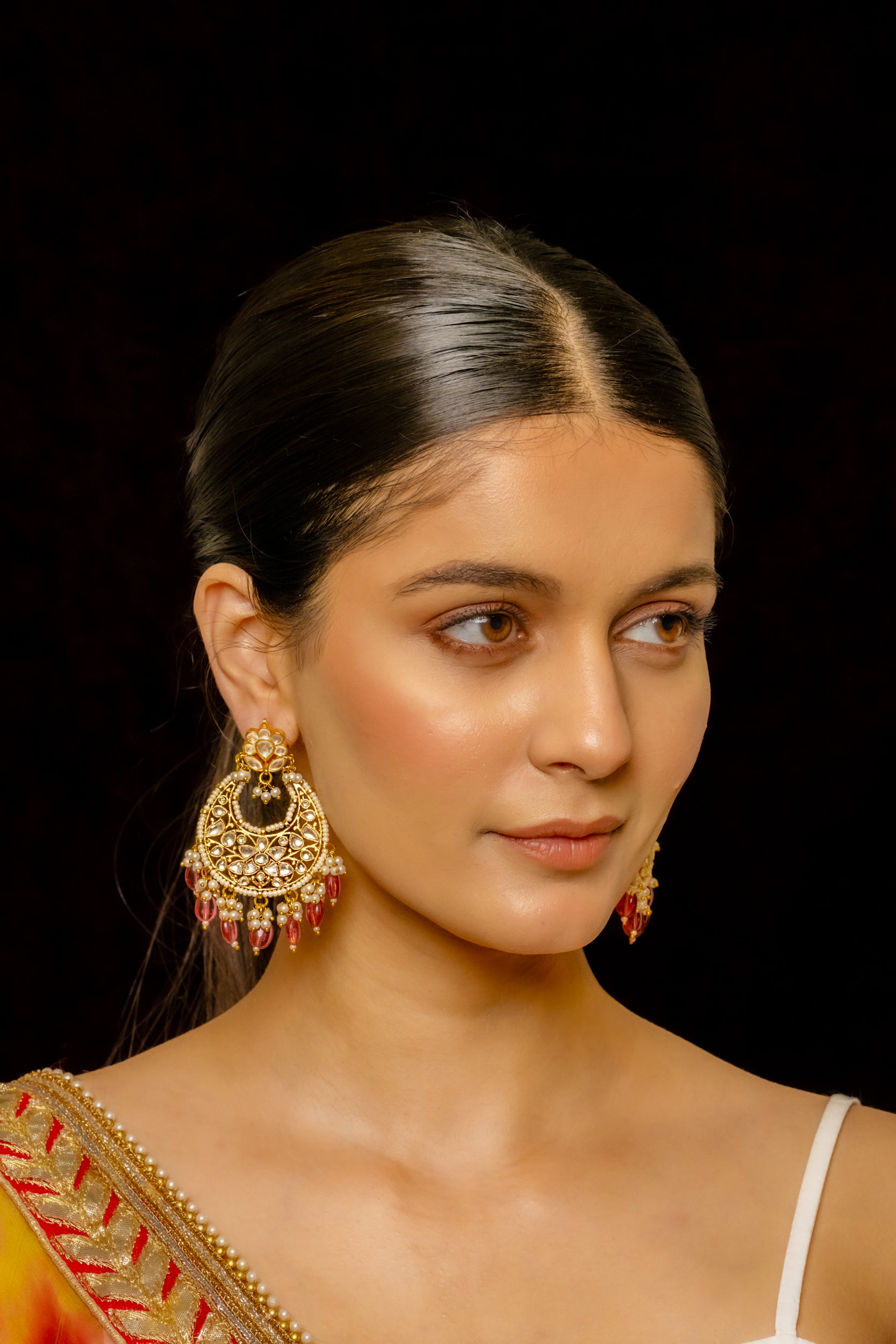 SJE1013- White Colour Gold Plated Jadau Kundan Chandbali Earrings