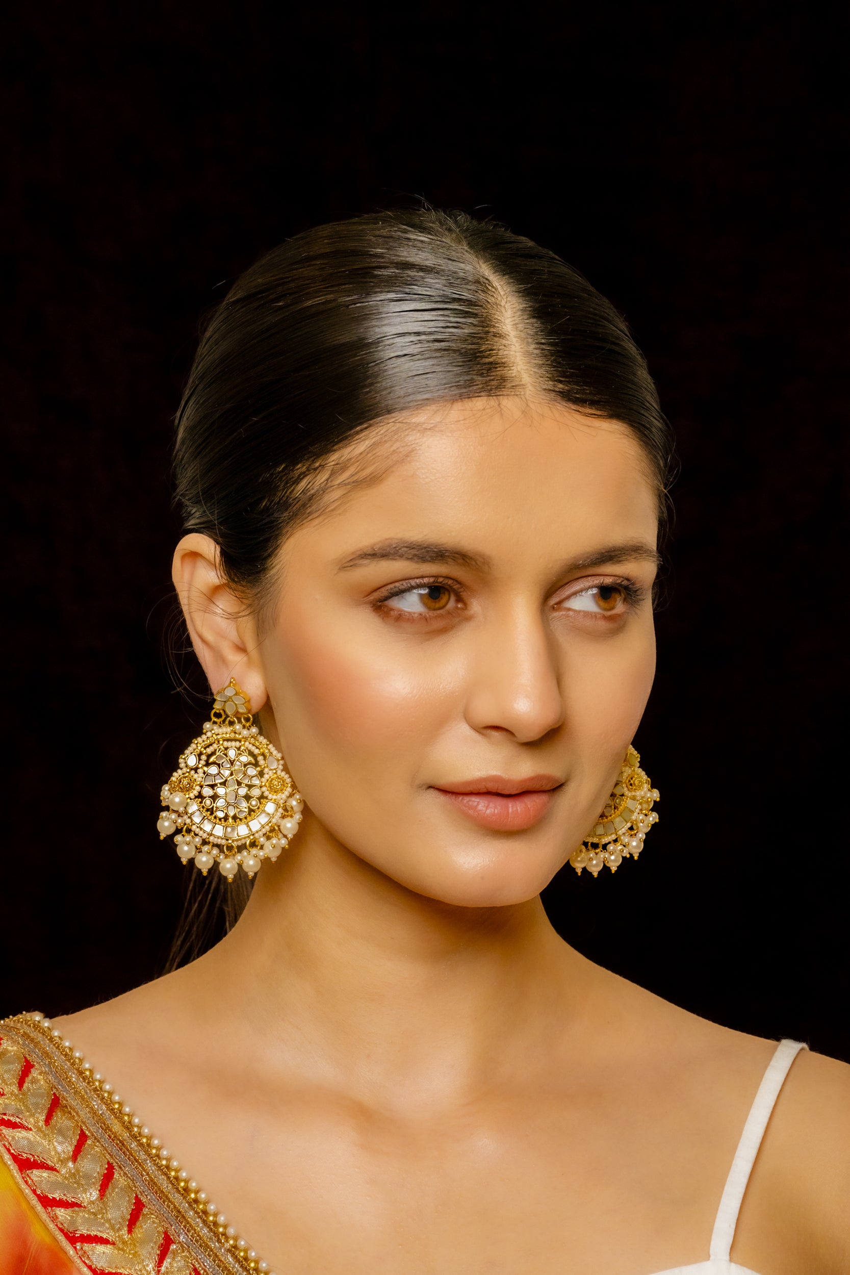 SJE1014- White Colour Gold Plated Mother of Pearl Chandbali Earrings
