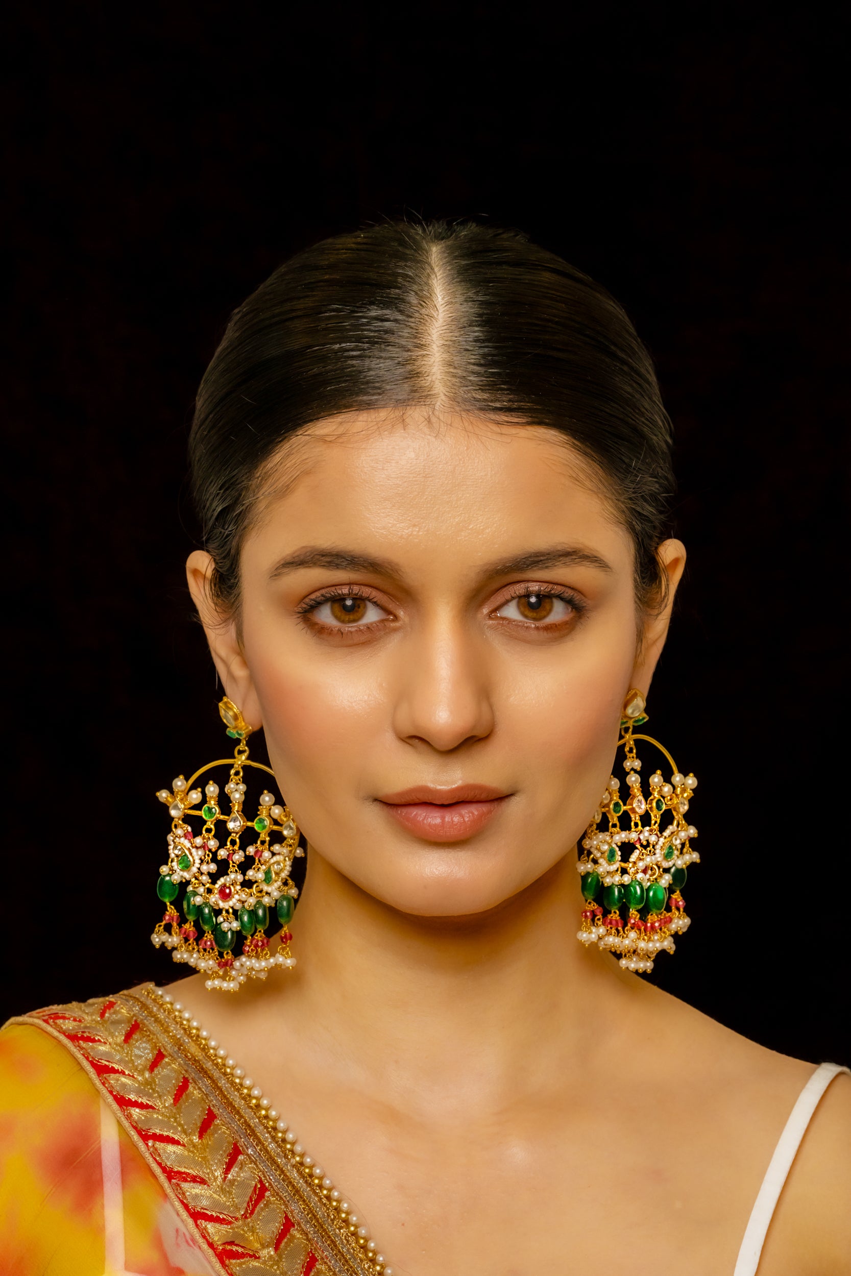 SJE1015- Multi Colour Gold Plated Jadau Kundan Chandbali Earrings