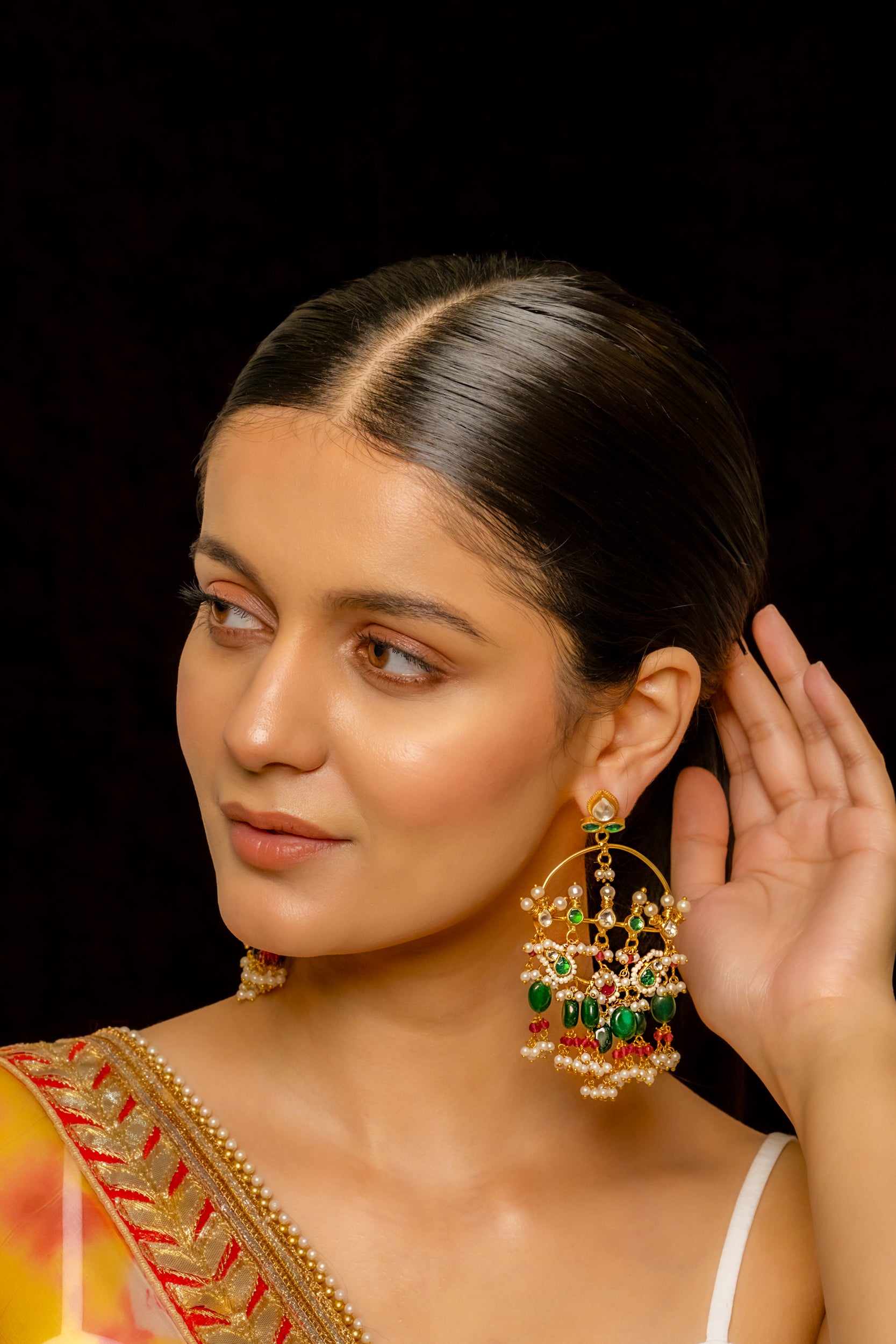 SJE1015- Multi Colour Gold Plated Jadau Kundan Chandbali Earrings