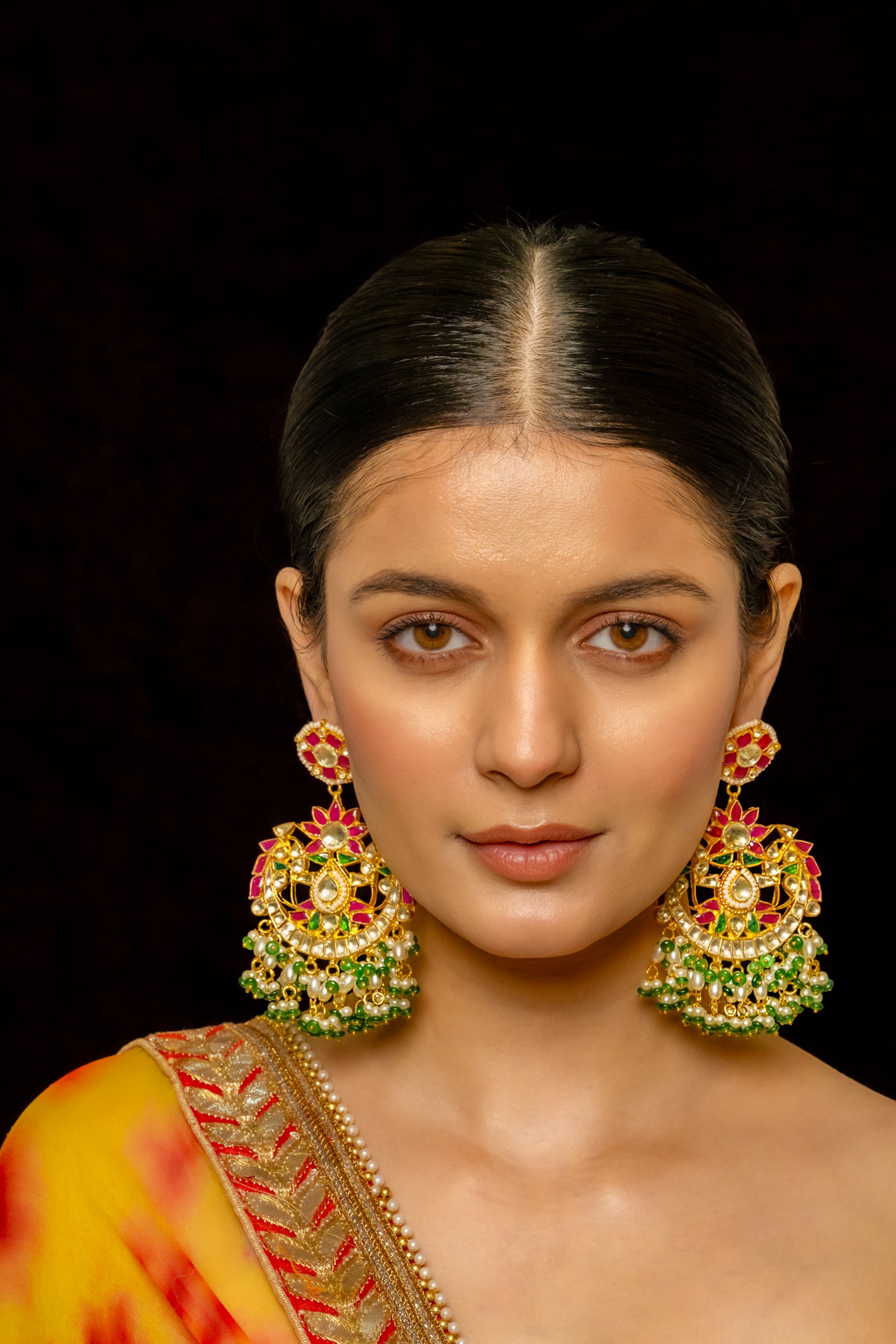 SJE1017- Multi Colour Gold Plated Jadau Kundan Chandbali Earrings