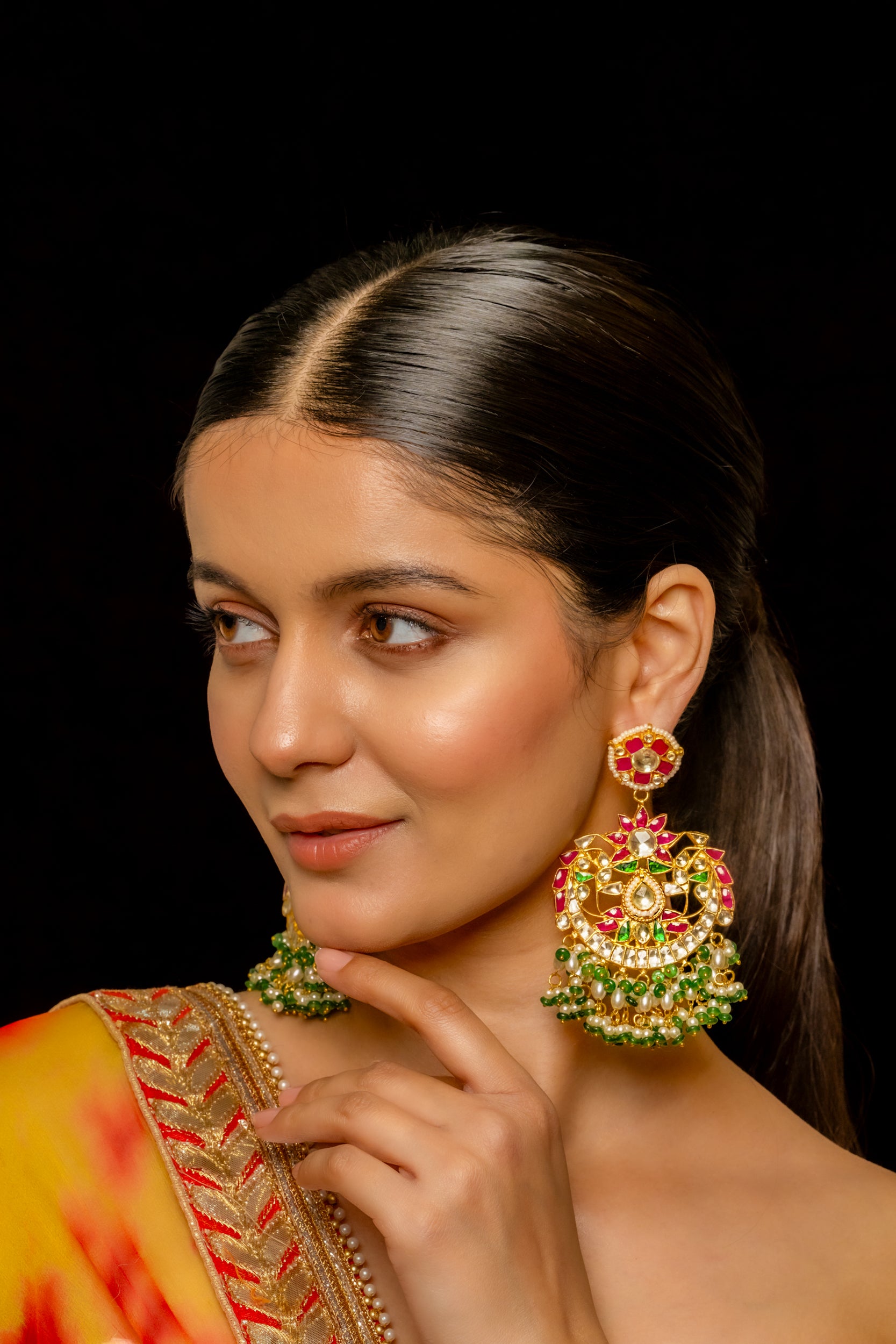 SJE1017- Multi Colour Gold Plated Jadau Kundan Chandbali Earrings