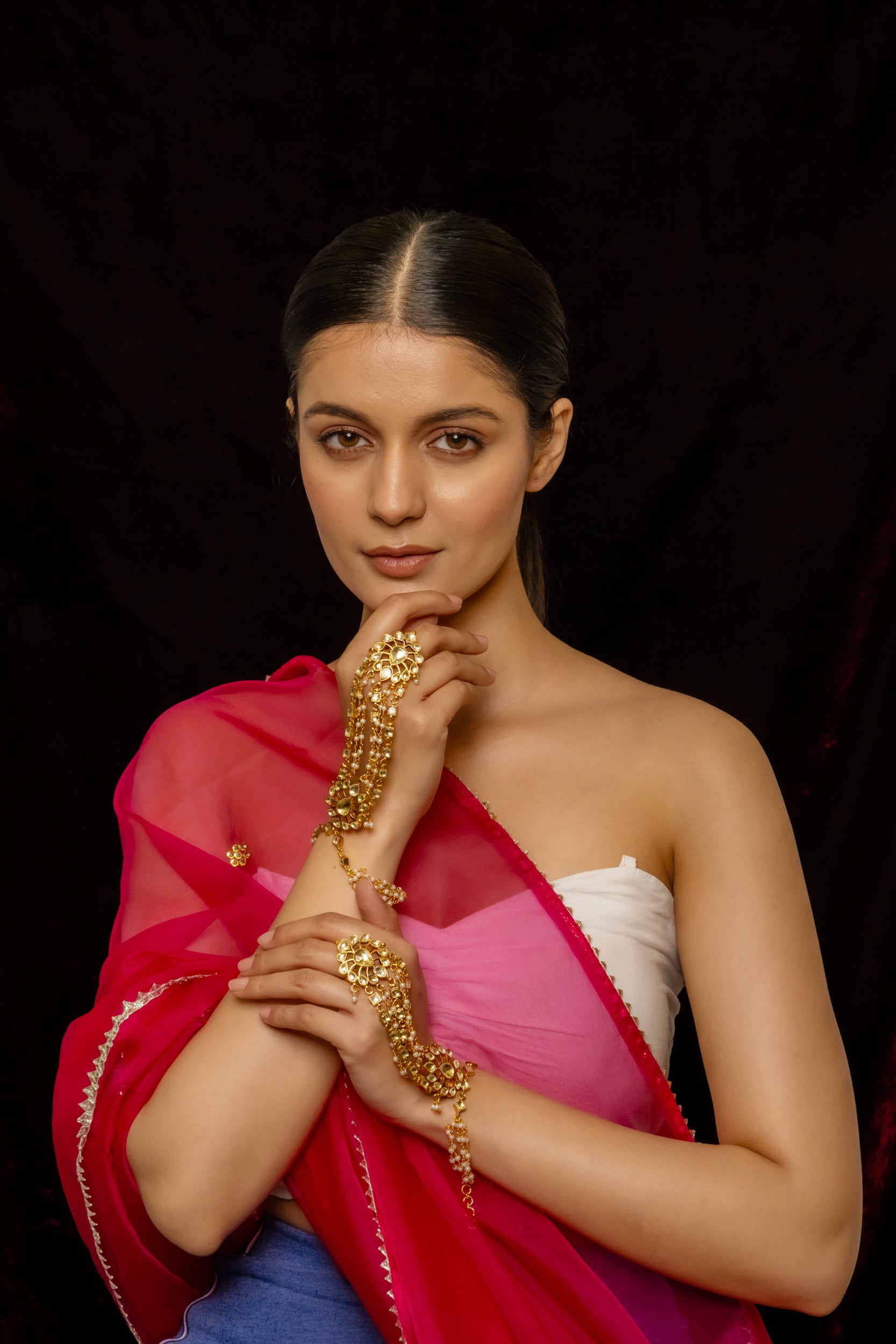 SJHP1003- White Colour Gold Plated Jadau Kundan Hathphool