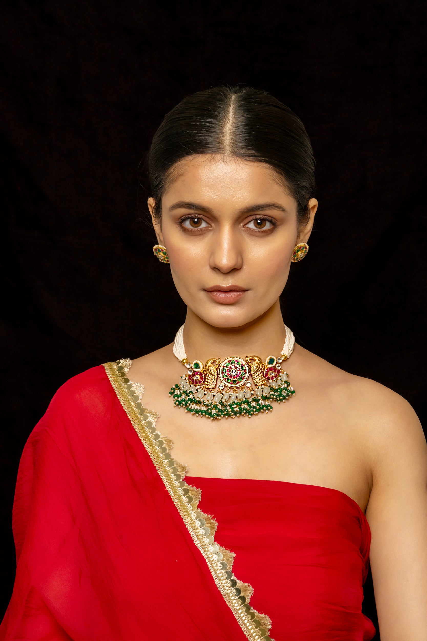 SJC1007- Multi Colour Gold Plated Jadau kundan Choker With Earrings