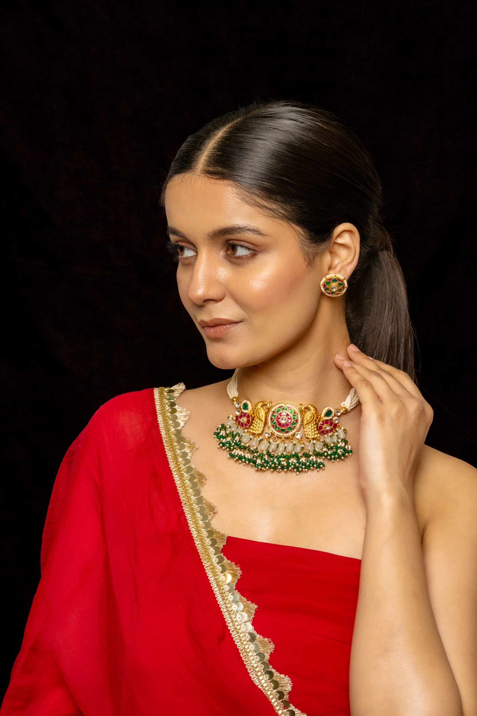SJC1007- Multi Colour Gold Plated Jadau kundan Choker With Earrings