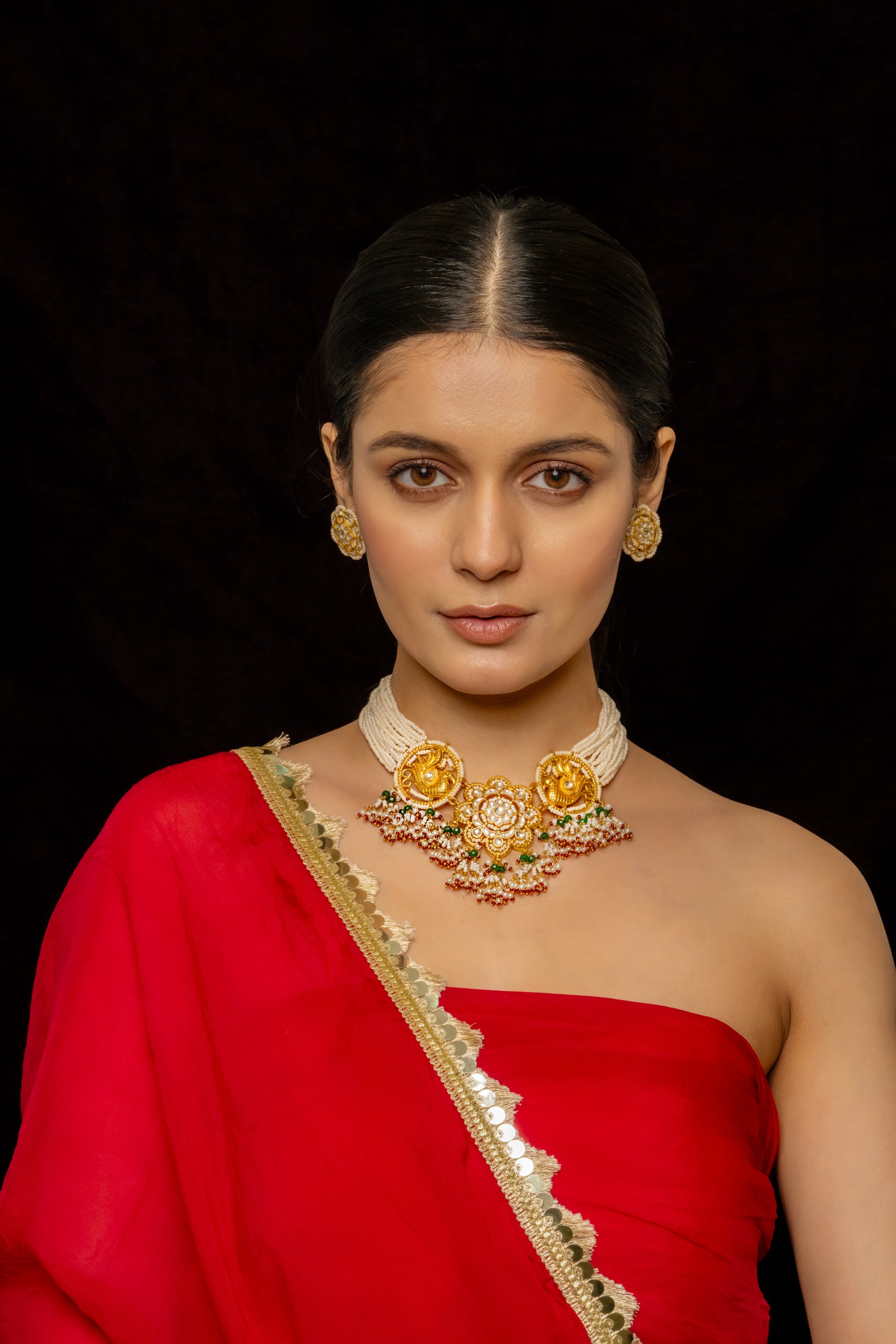 SJC1008- Multi Coolour Gold Plated Jadau Kundan Choker with Earrings