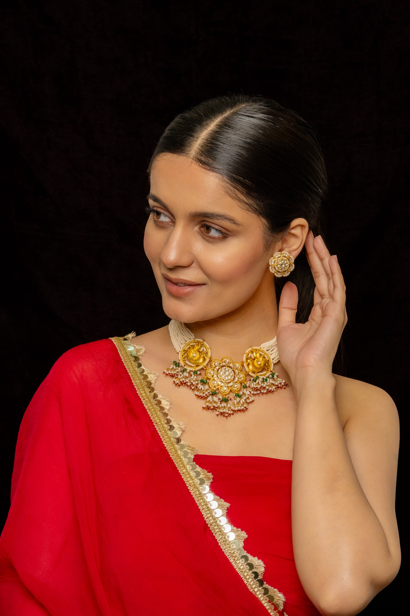 SJC1008- Multi Coolour Gold Plated Jadau Kundan Choker with Earrings