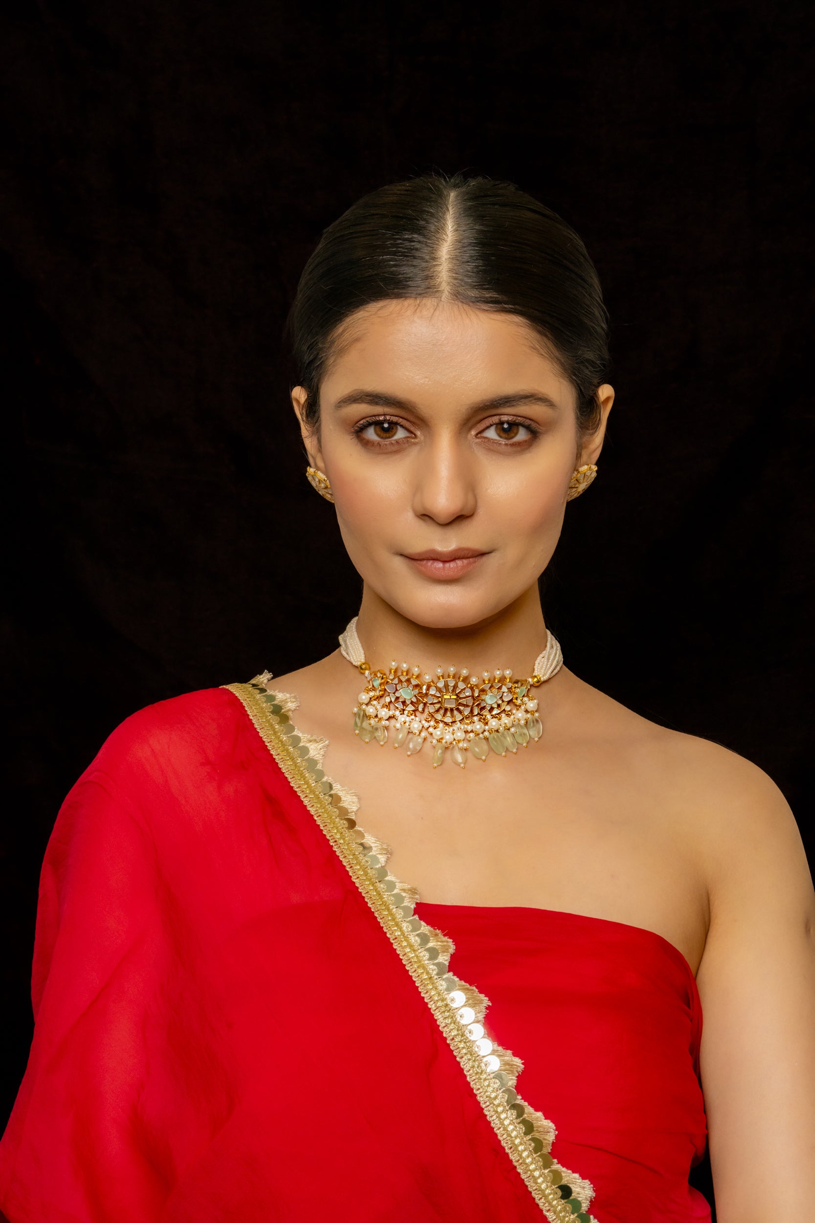 SJC1009- White Colour Gold Plated Jadau Kundan Choker with Earrings