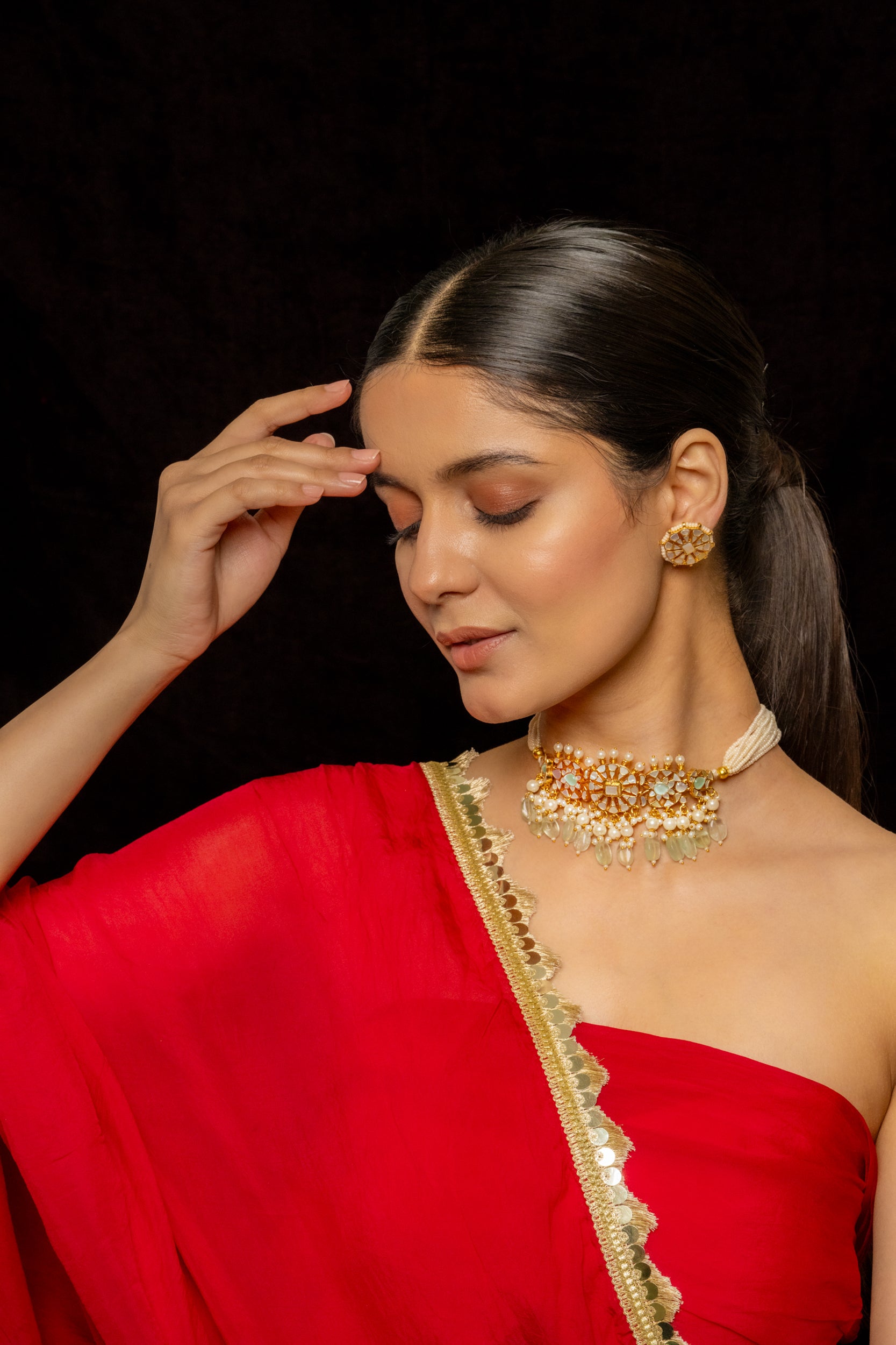 SJC1009- White Colour Gold Plated Jadau Kundan Choker with Earrings