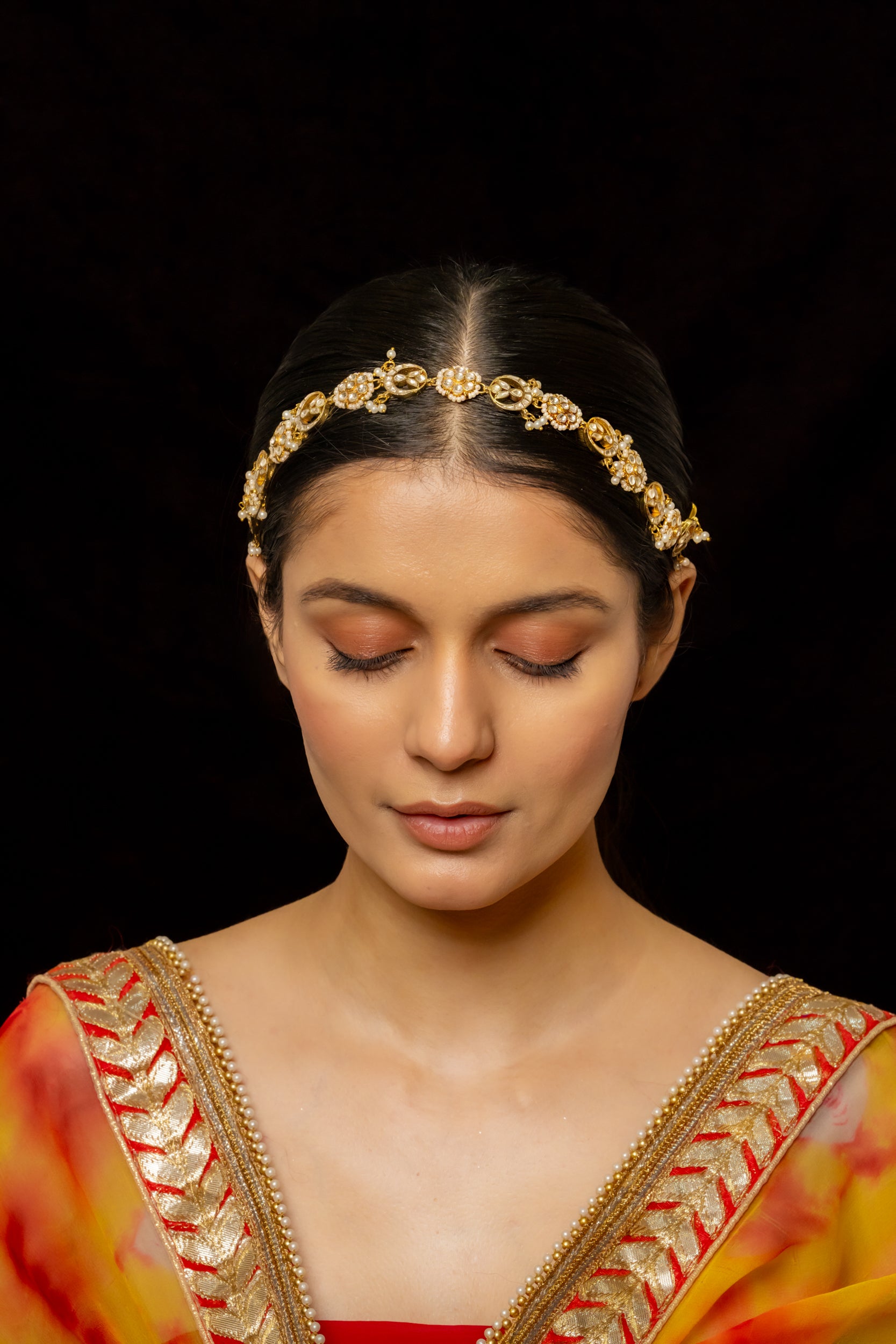 SJHB1002- White Colour Gold Plated Jadau Kundan Headband