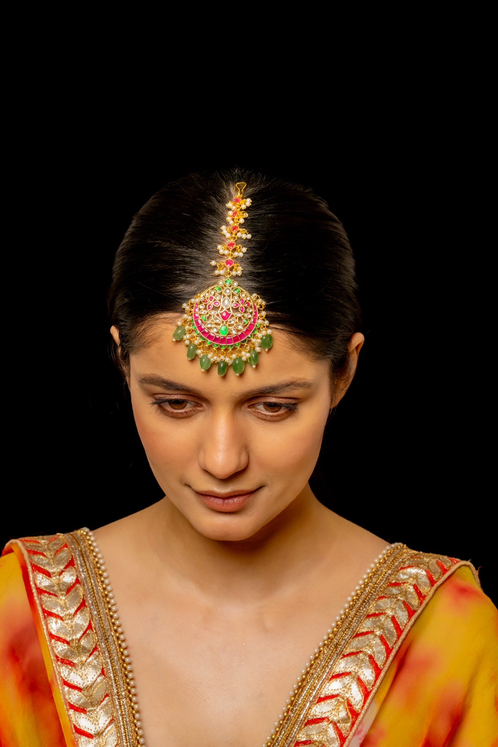SJT1005- Multi Colour Gold Plated Jadau Kundan Maang Tika