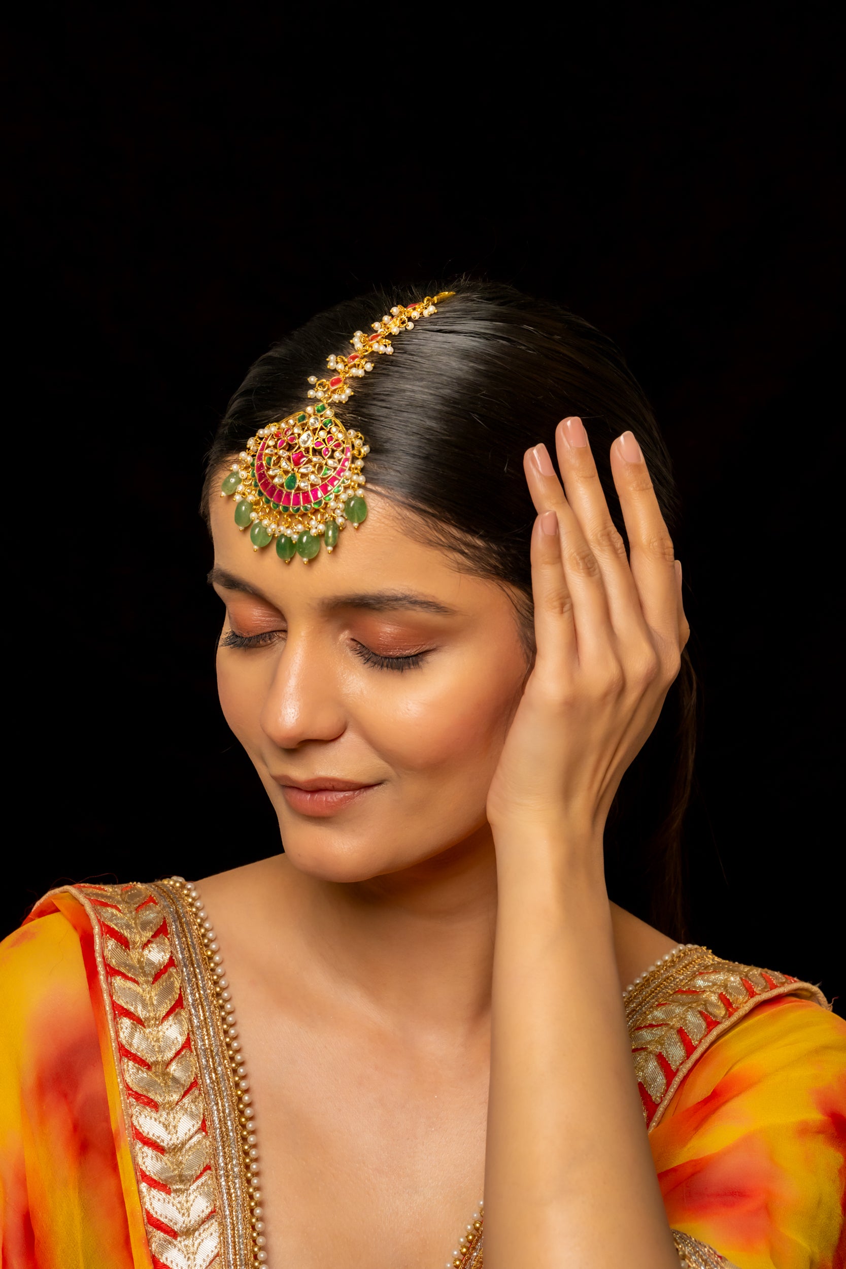 SJT1005- Multi Colour Gold Plated Jadau Kundan Maang Tika