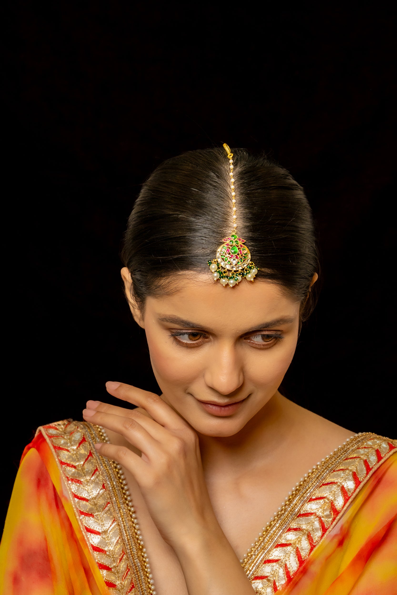SJT1027- Multi Colour Gold Plated Jadau Kundan Maang Tika