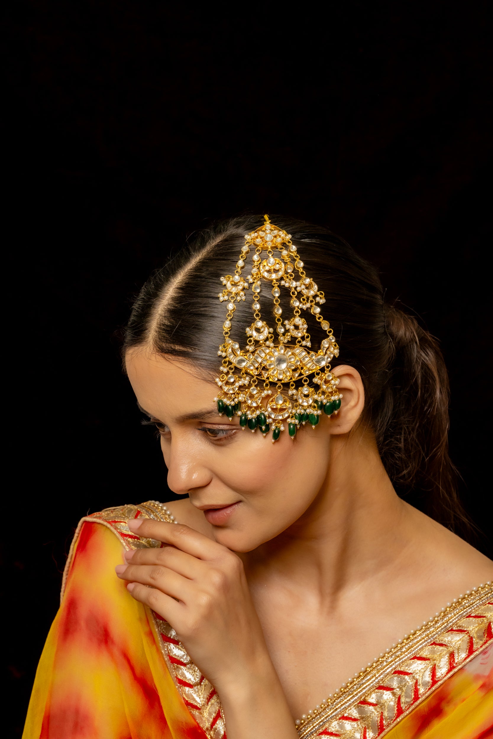 SJPA1001- White and Green Colour Gold Plated Jadau Kundan Passa