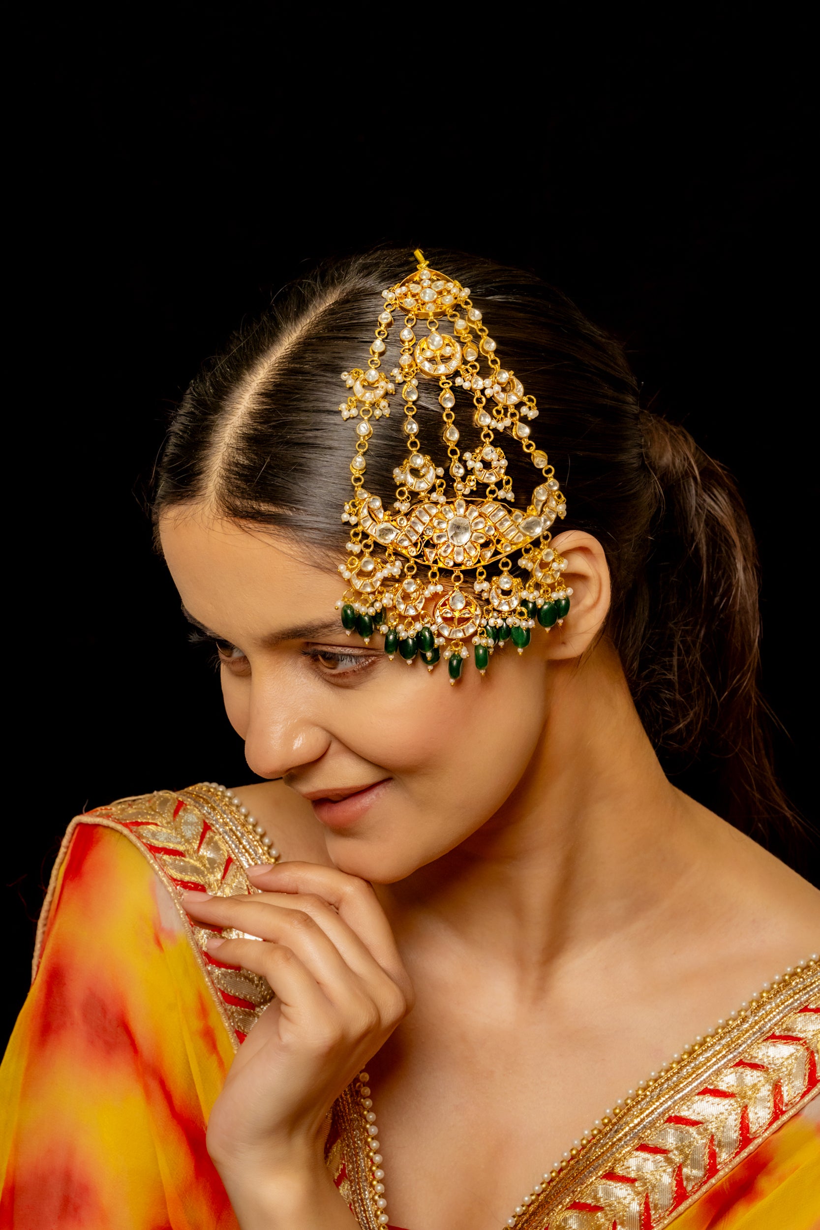SJPA1001- White and Green Colour Gold Plated Jadau Kundan Passa