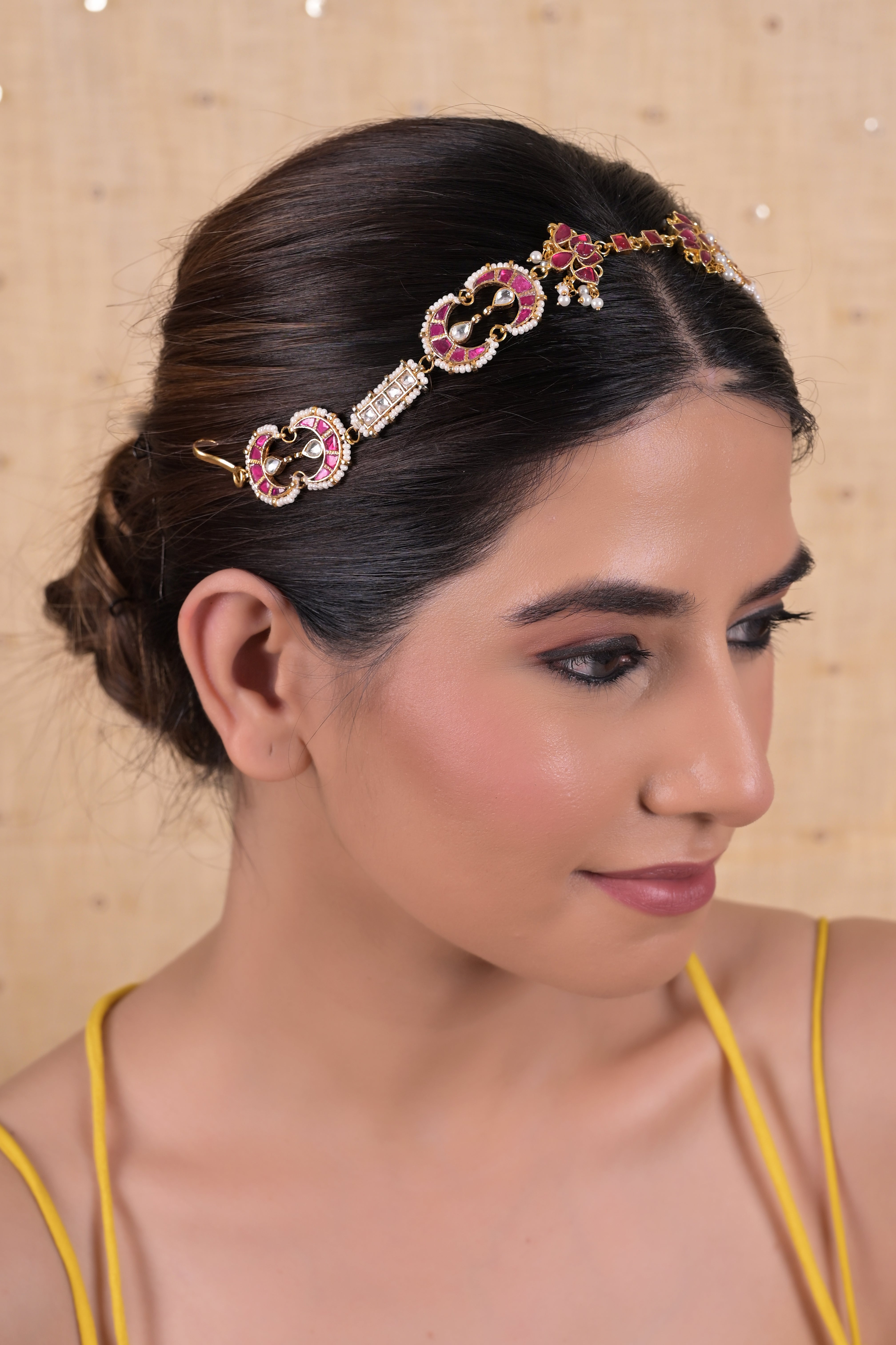 SJHB1023- Red Colour Gold Plated Jadau Kundan Headband