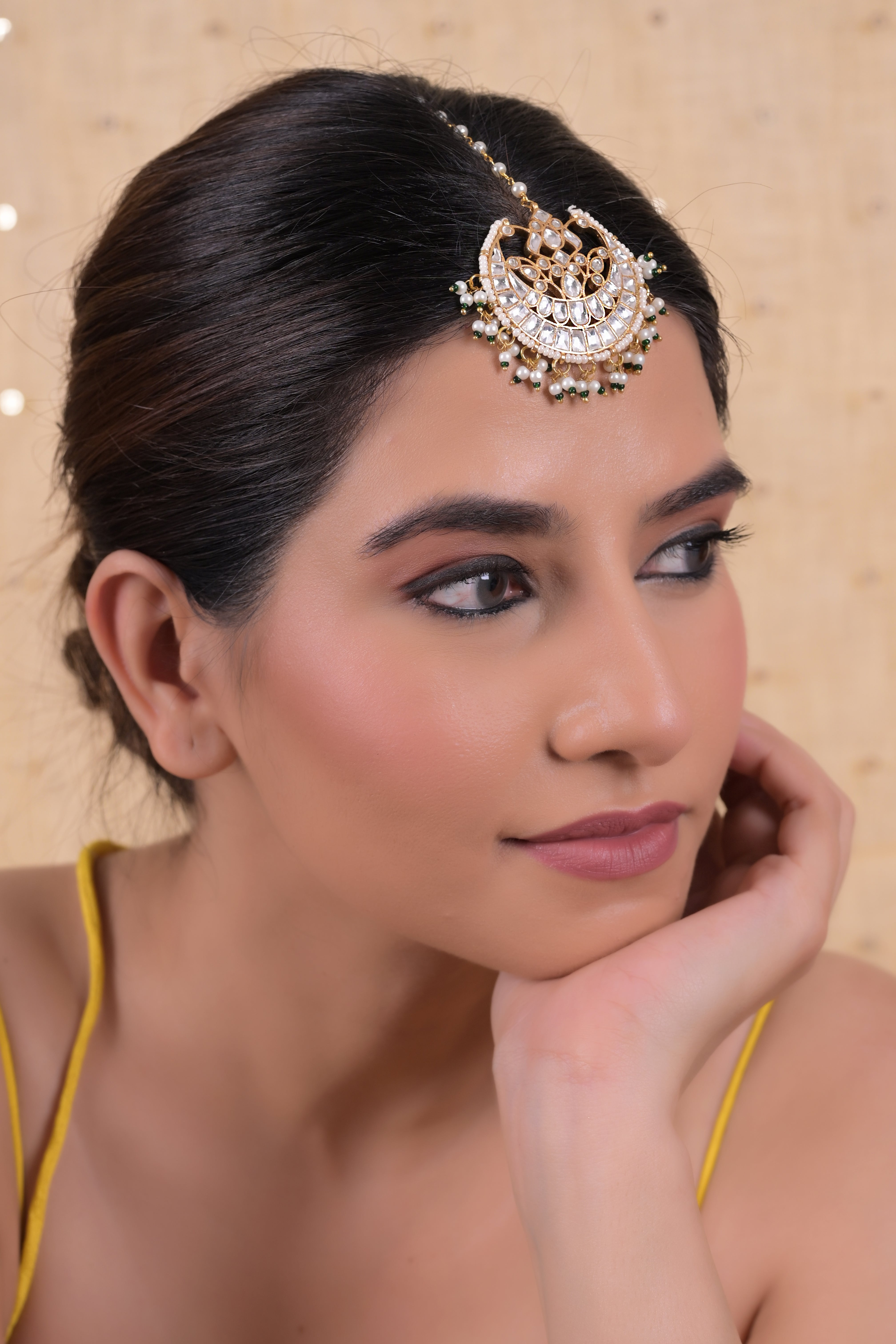 SJT1033- White Colour Gold Plated Jadau kundan Maang Tika