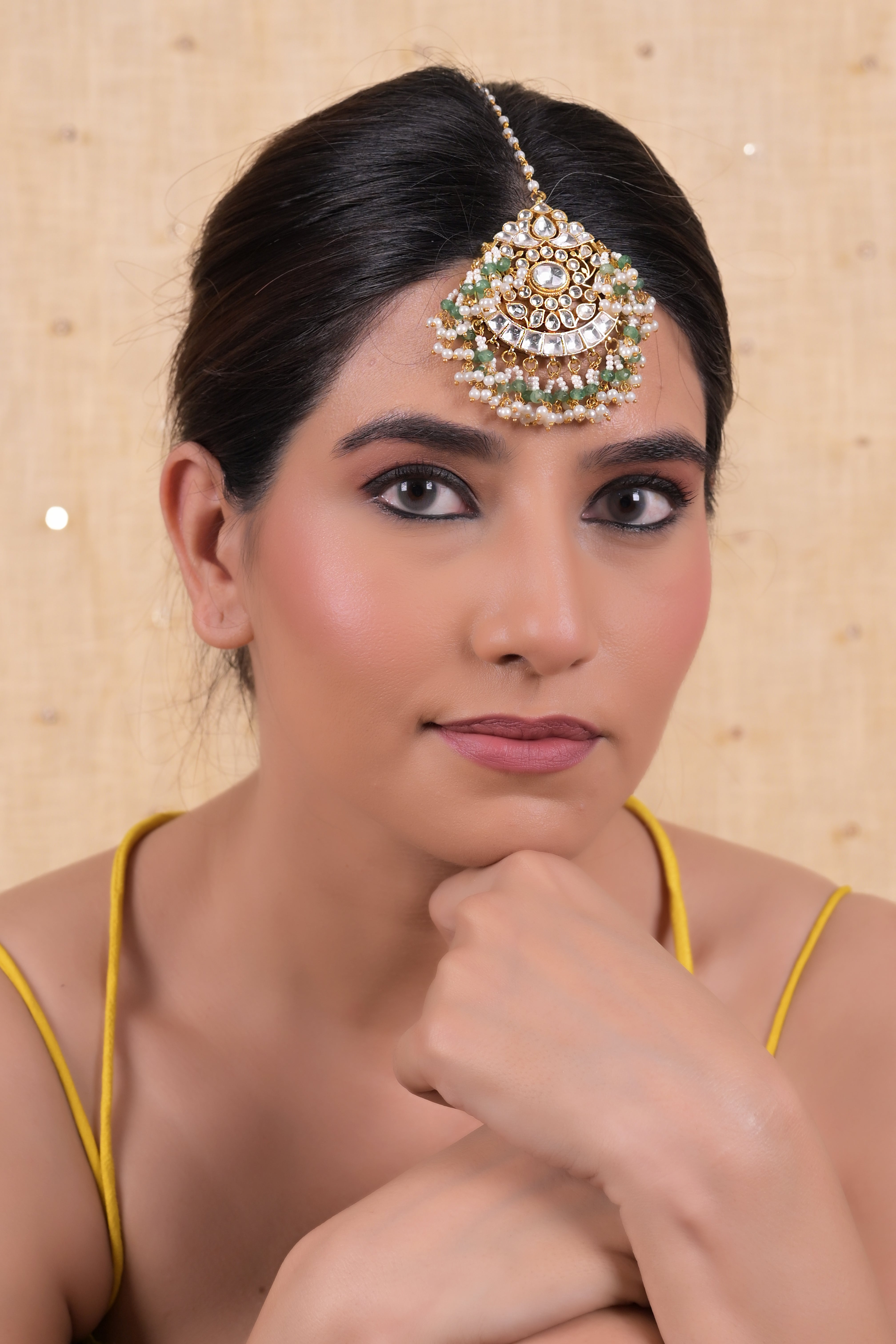 SJT1037- Green Colour Gold Plated Jadau Kundan Maang Tika