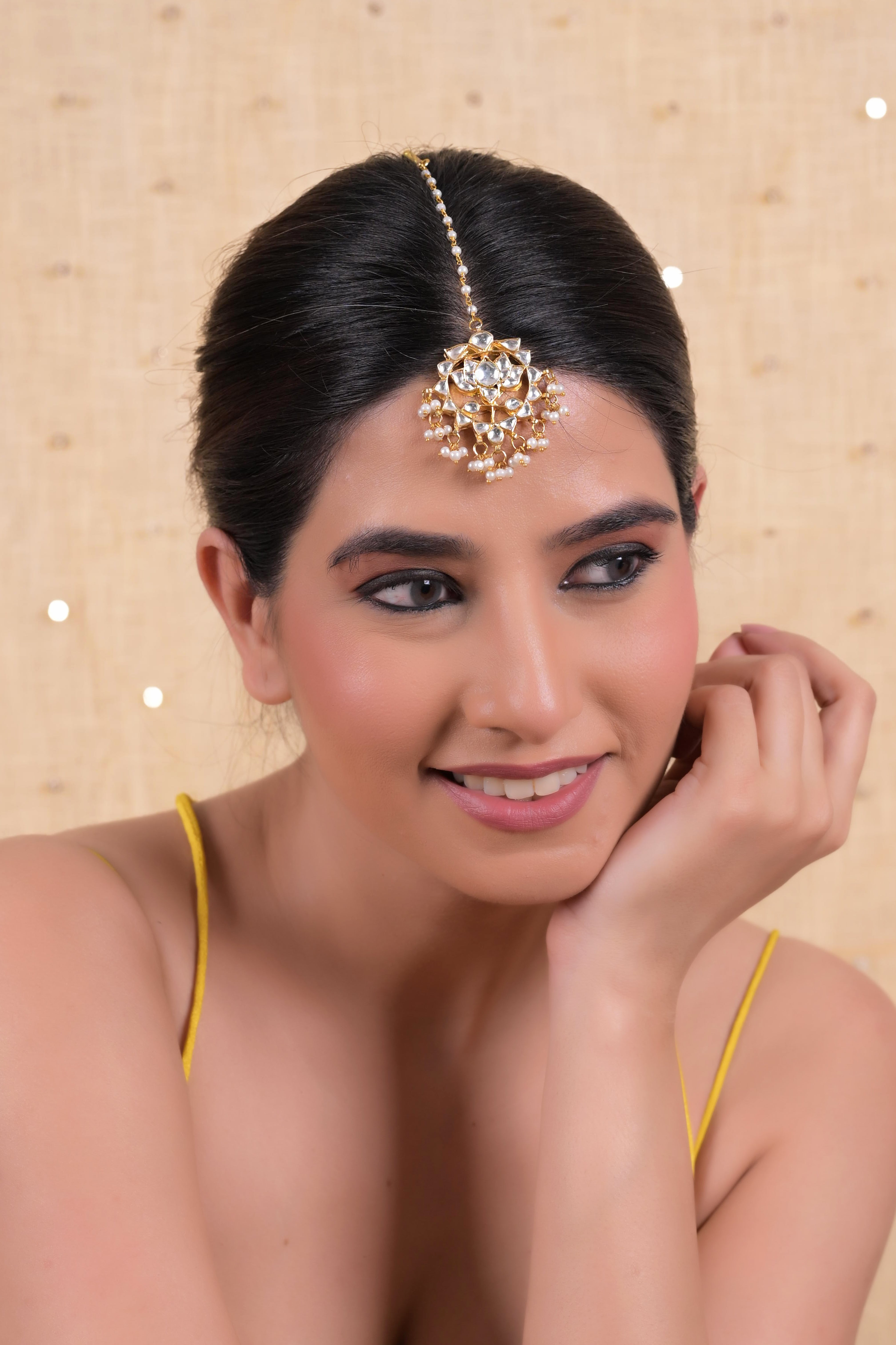 SJT1039- White Colour Gold Plated Jadau kundan Maang Tika