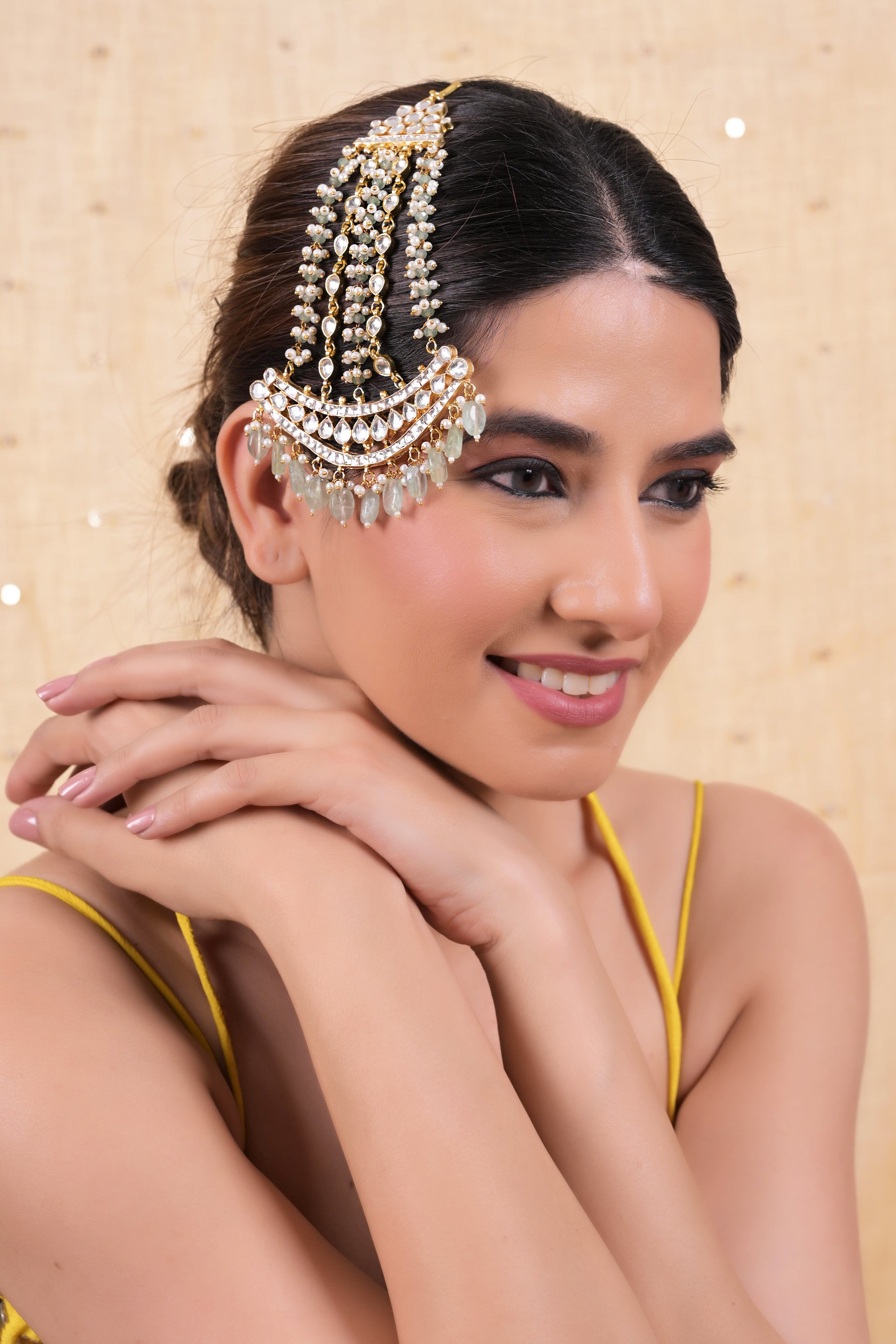 SJPA1008- Mint and White Colour Gold Plated Jadau Kundan Passa