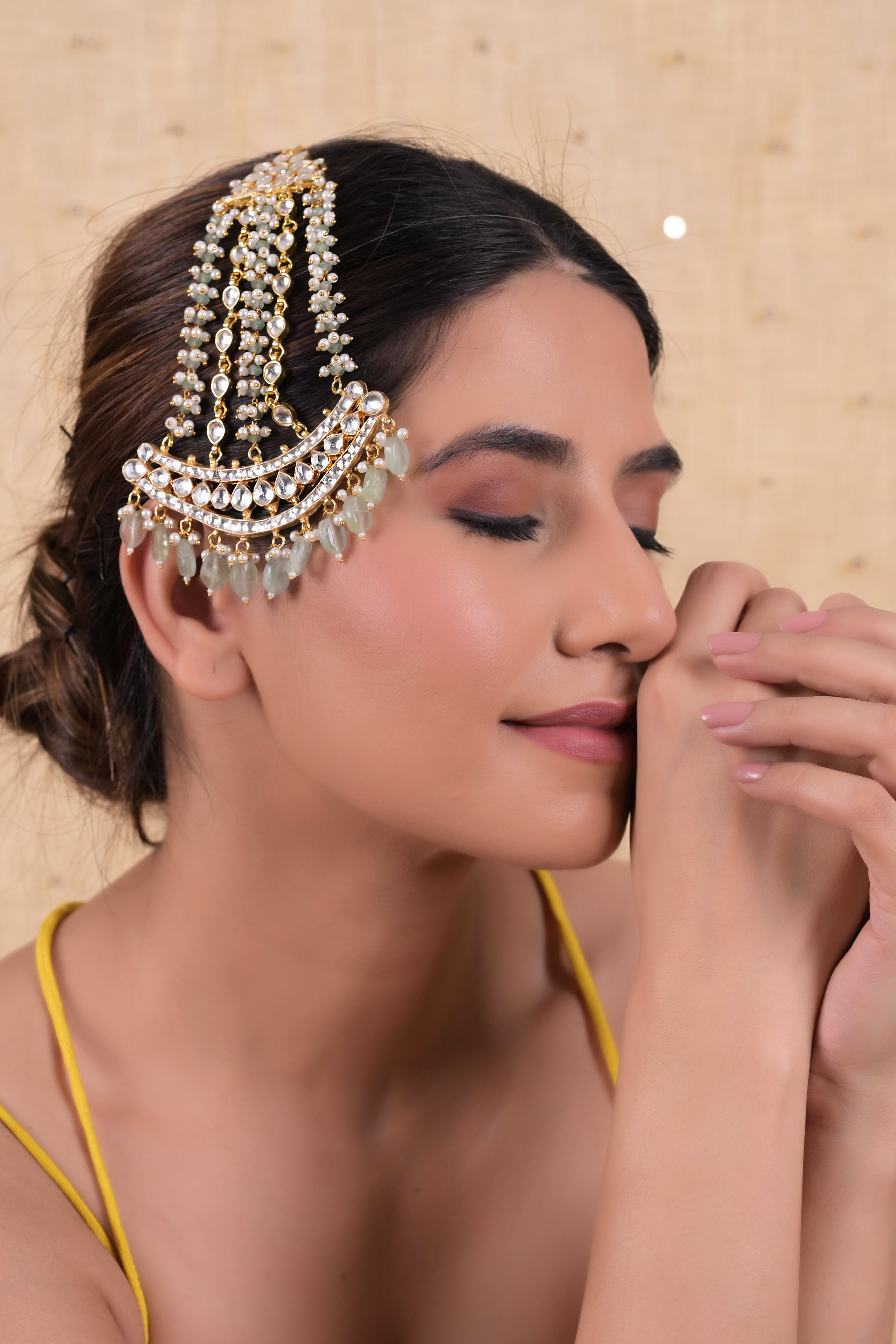 SJPA1008- Mint and White Colour Gold Plated Jadau Kundan Passa