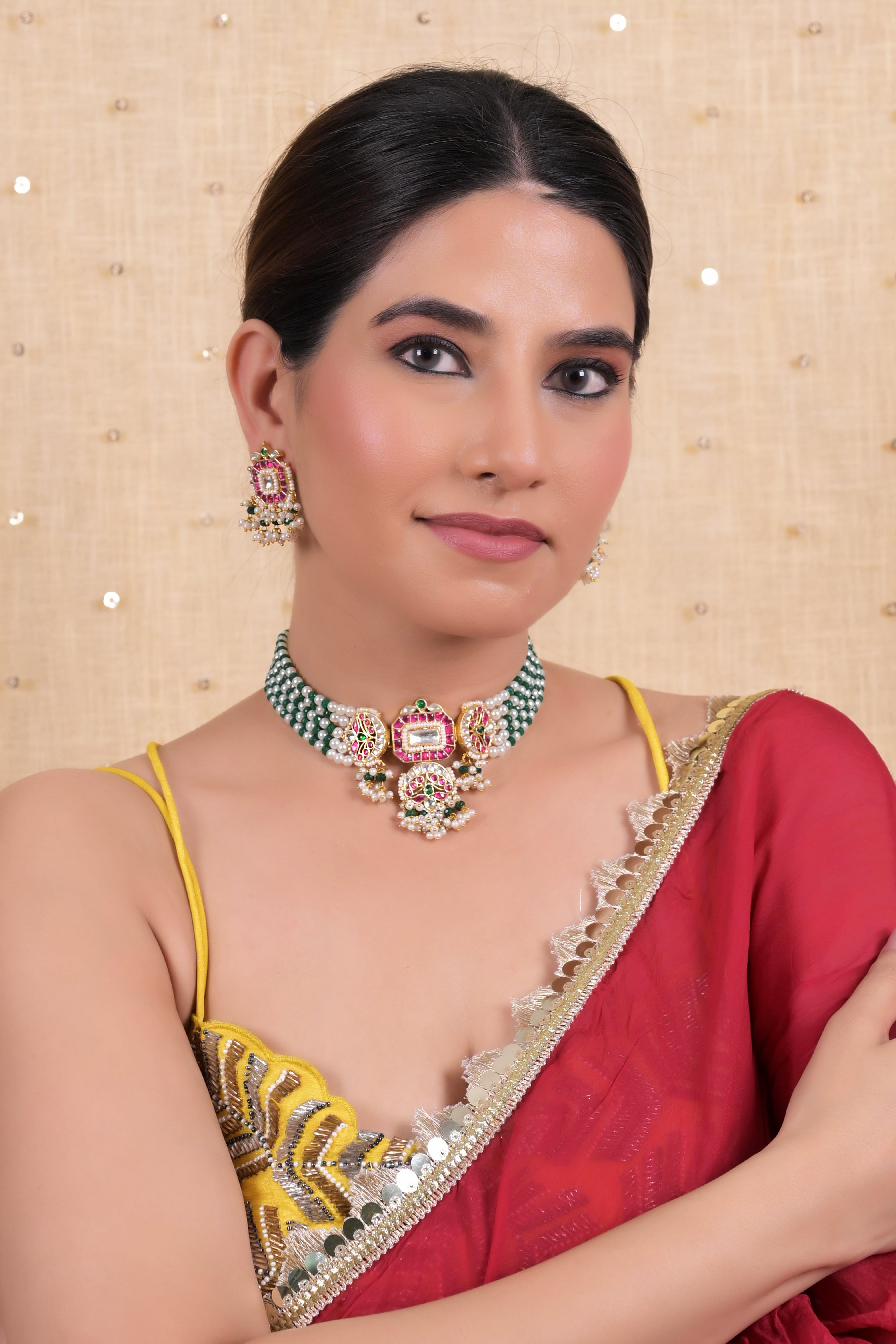 SJN1120- Multi Colour Gold Plated Jadau Kundan Choker Set