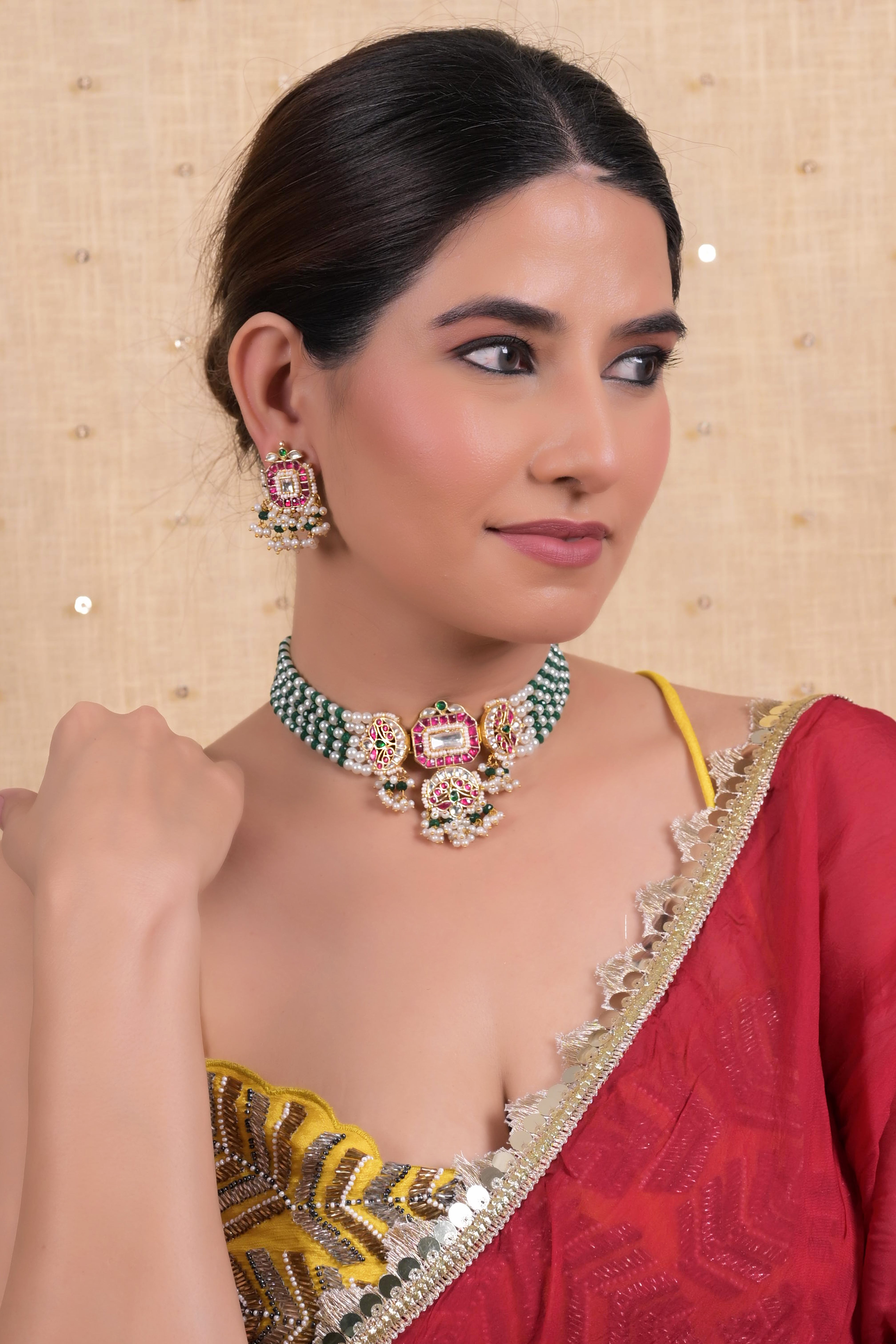 SJN1120- Multi Colour Gold Plated Jadau Kundan Choker Set