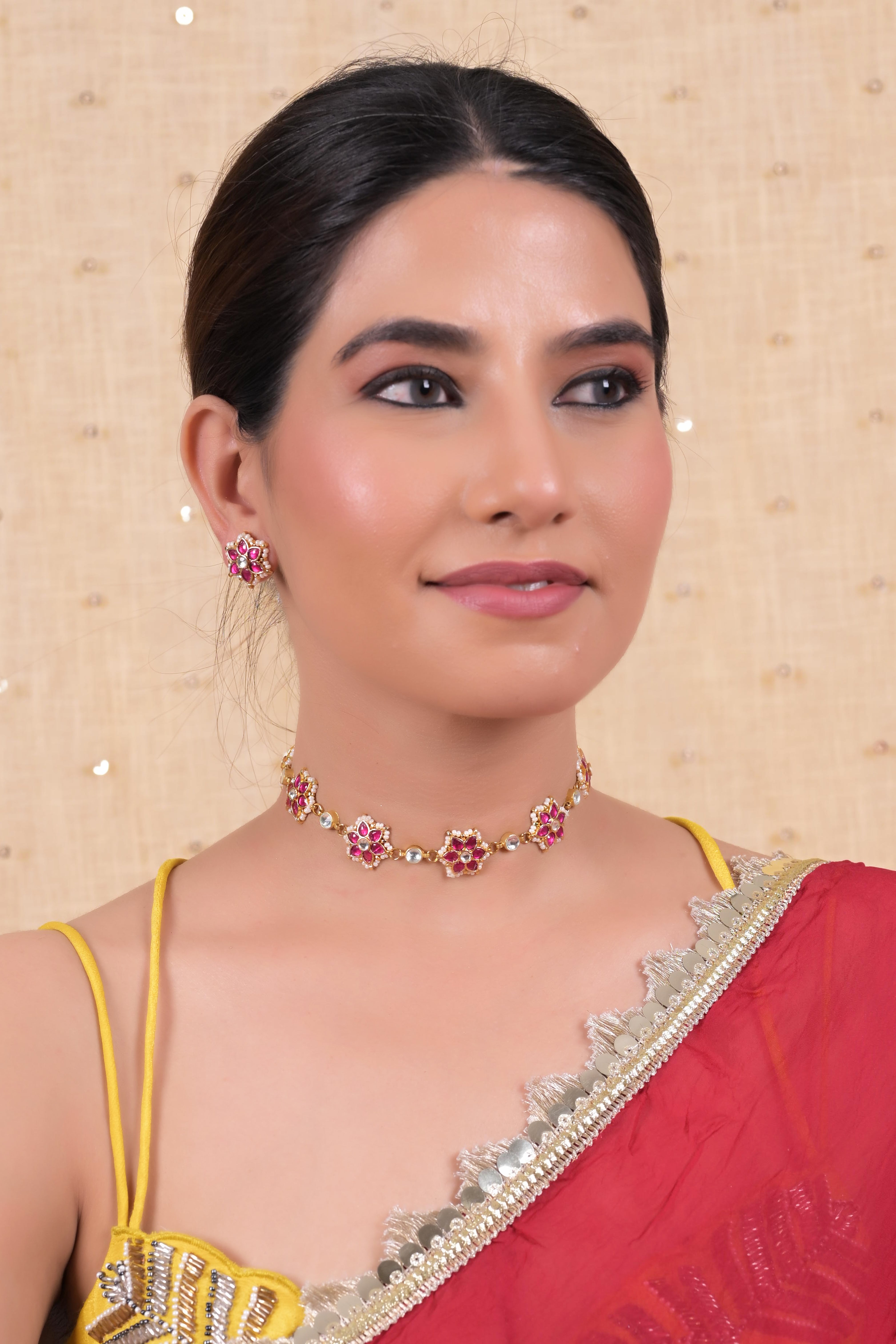 SJN1124- Pink Colour Gold Plated Jadau Kundan Choker with Earrings