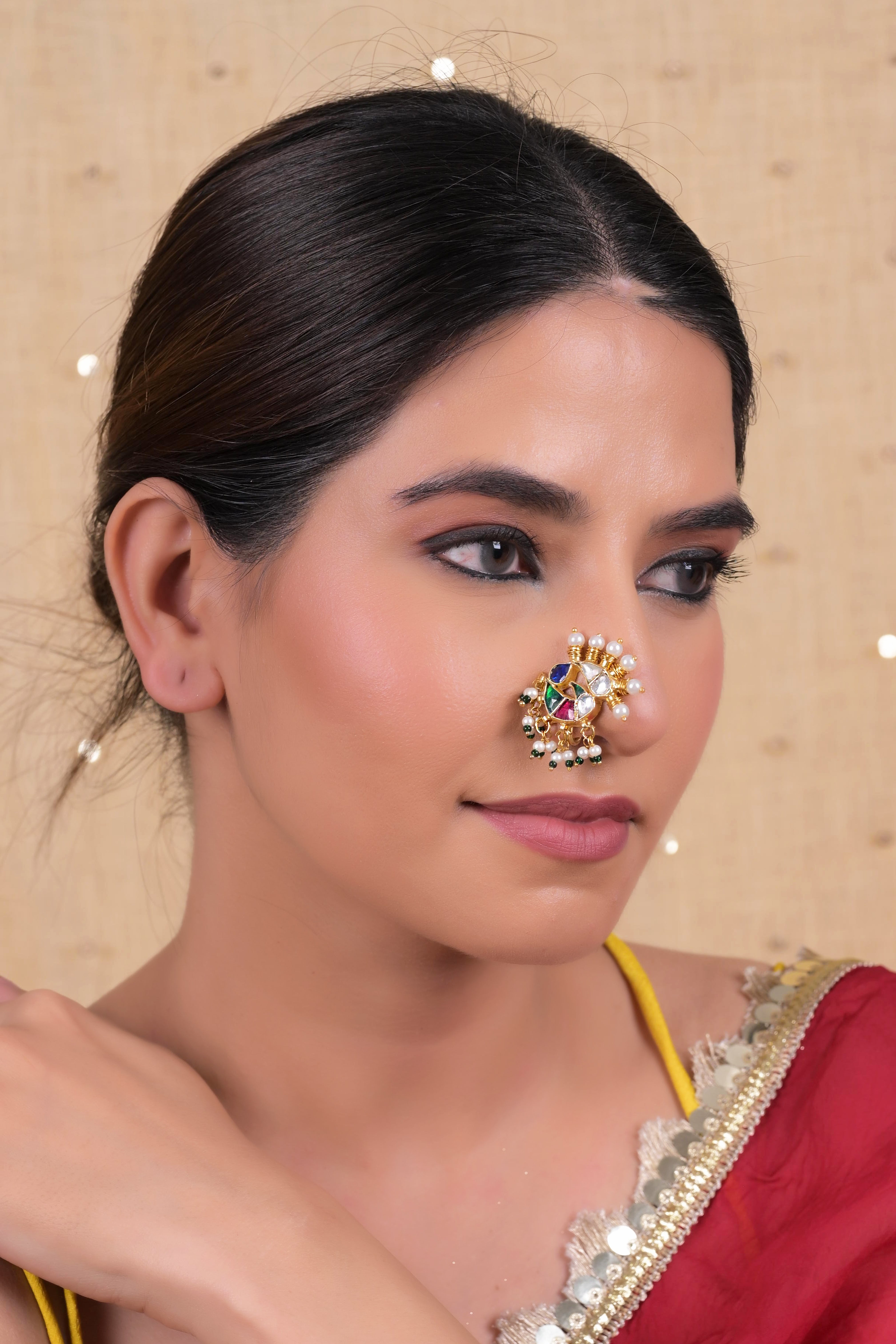 SJNR0006- Multi Colour Gold Plated Jadau Kundan Nose Pin