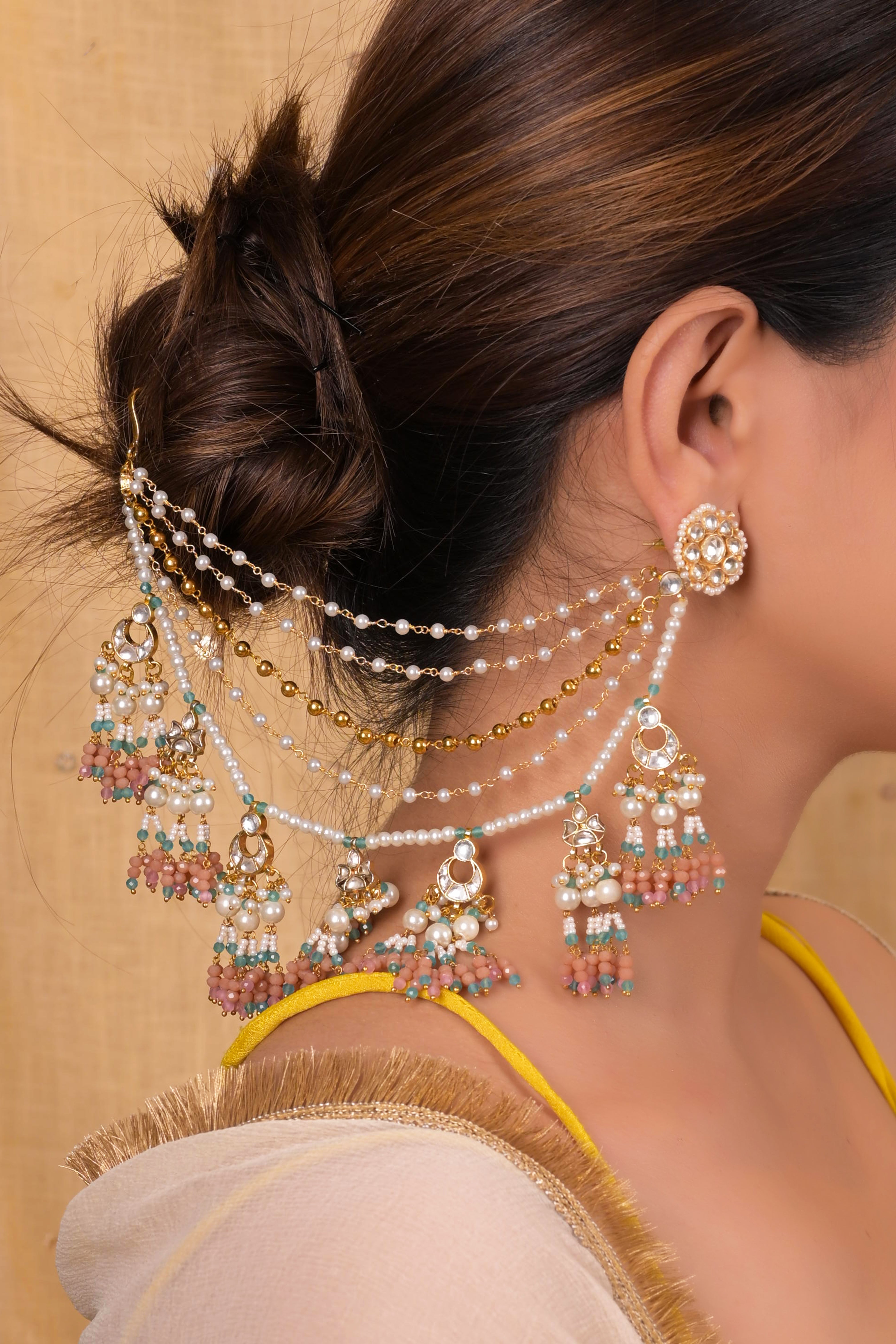 SJKC0007- Multi Colour Multi Layer Gold Plated Jadau kundan kanchain