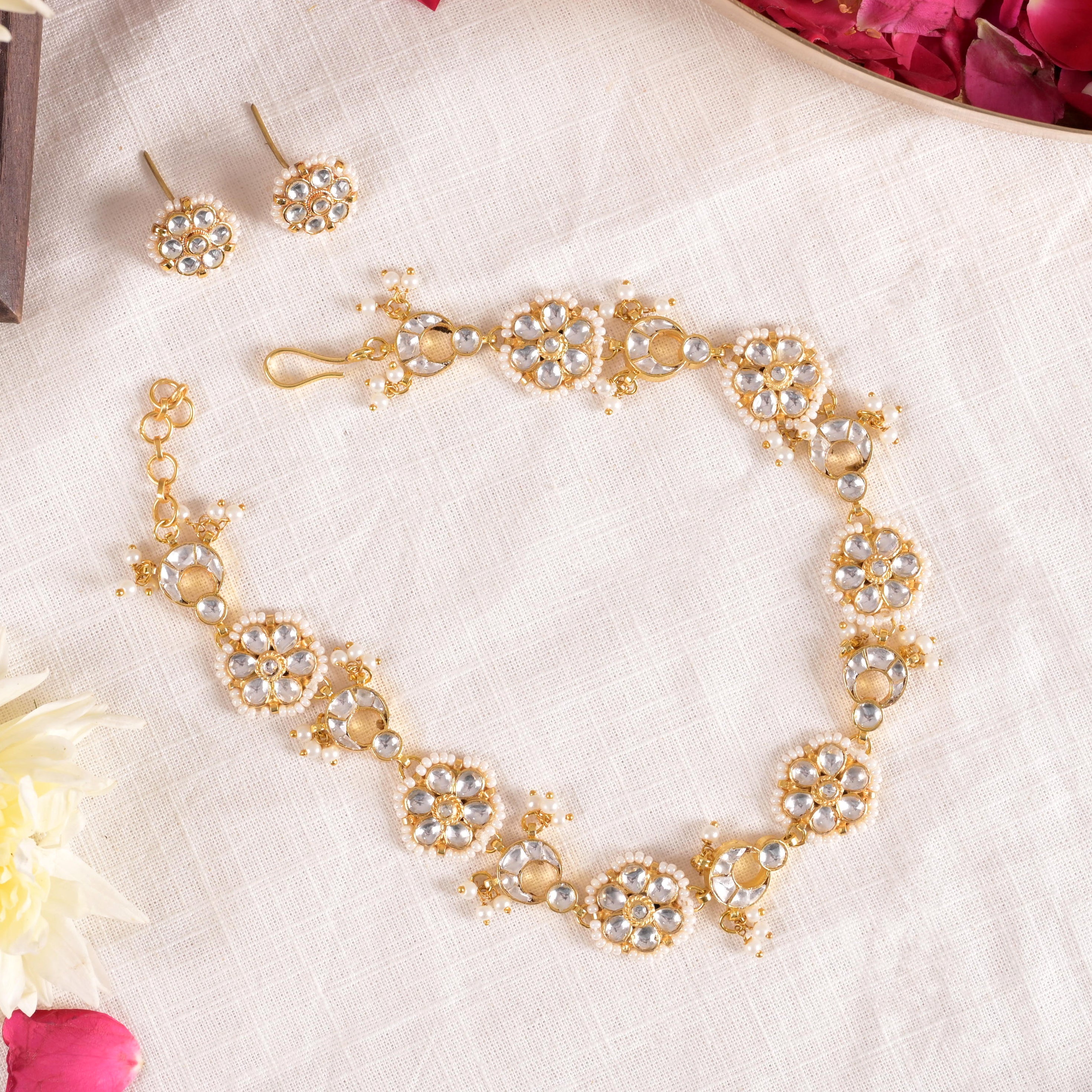 SJN1139- White Colour Gold Plated Jadau Kundan Choker with Earrings